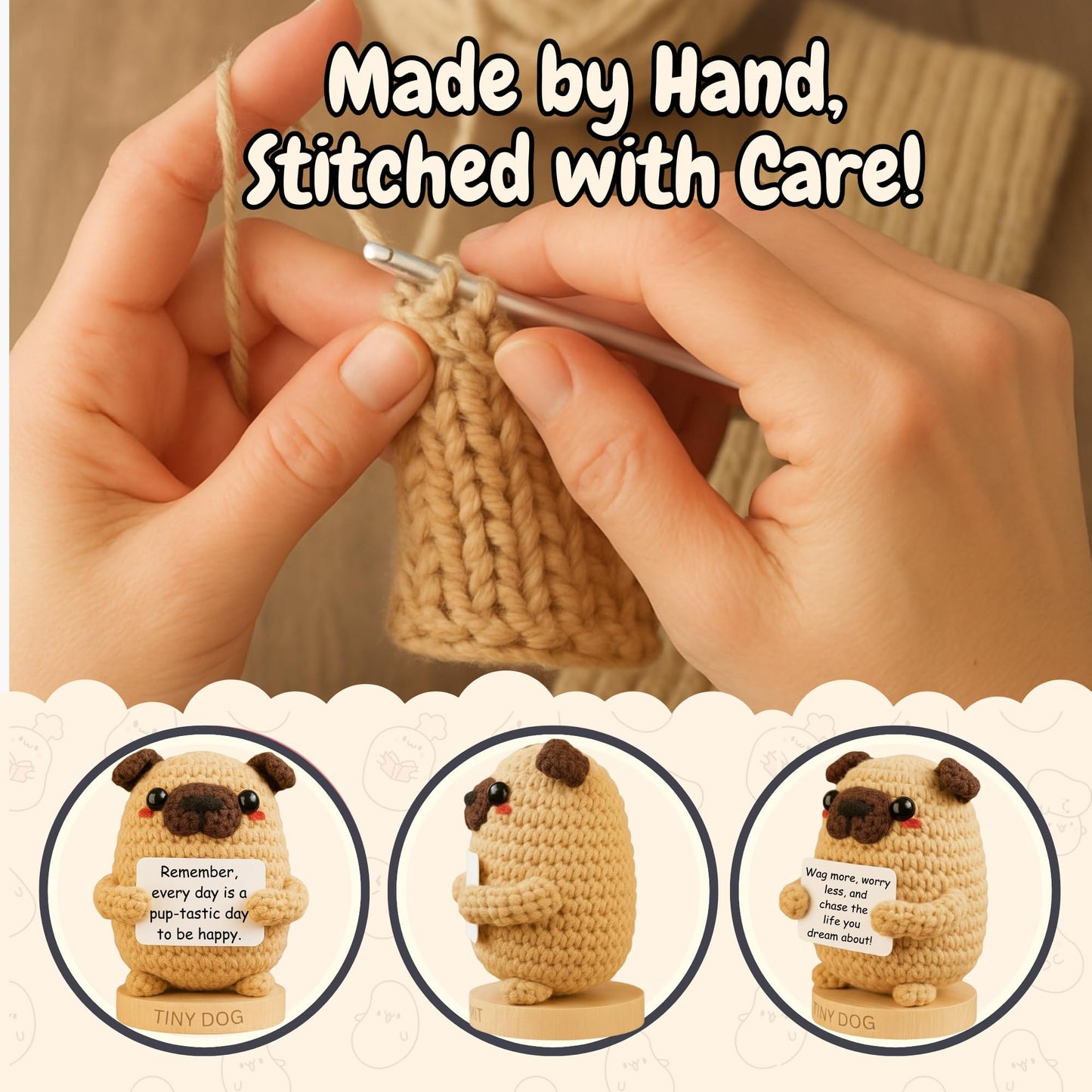 Dog lover Gifts for Women - Handmade Positive Crochet Animal W/ 30 Uplifting Signs - Funny Birthday Gifts for Dog Mom, Cute Present Idea for Women for Mothers Day, Emotional Support Office Desk Decor
