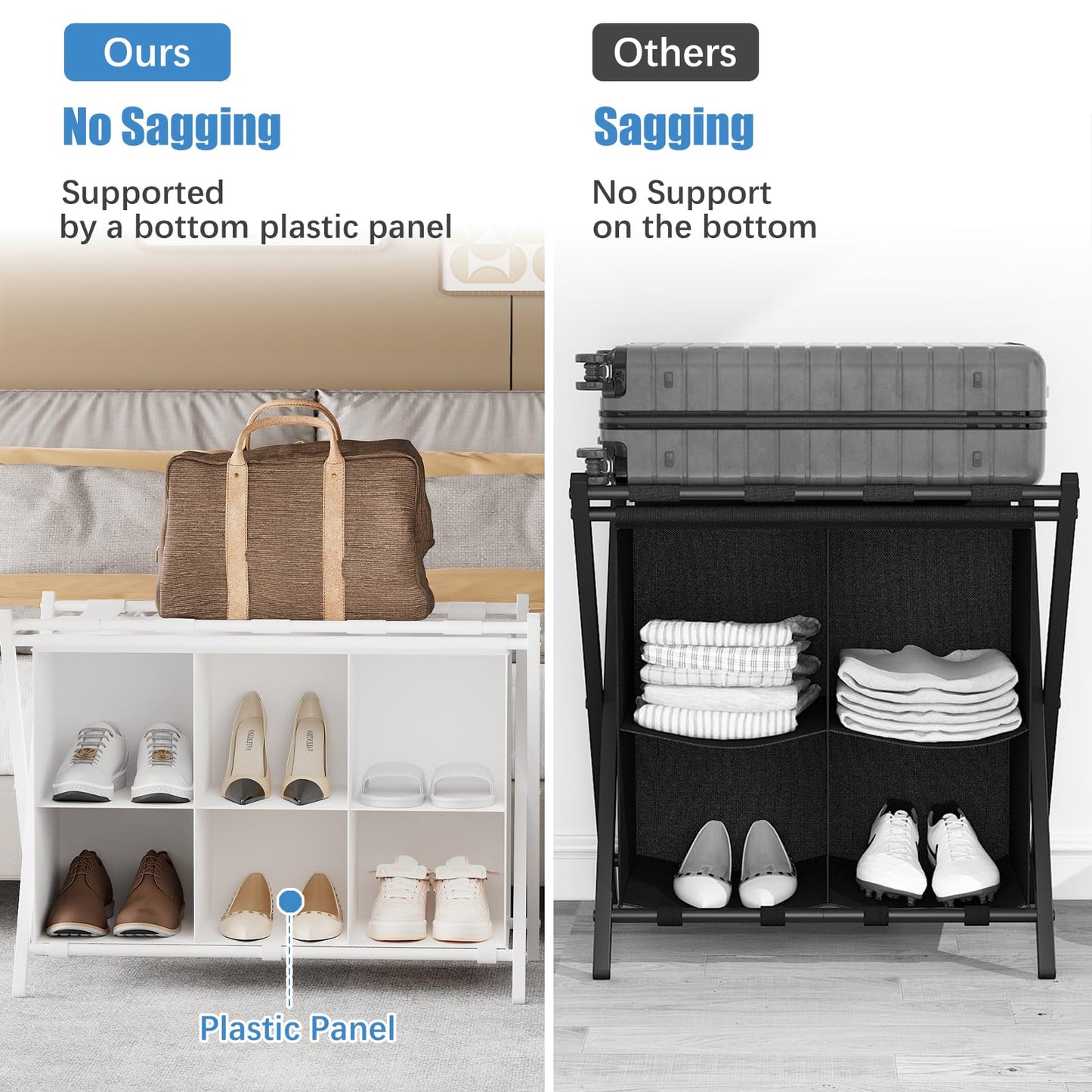 Huhote Luggage Rack for Guest Room, Folding Suitcase Stand with 6-Cube Fabric Storage Shelf, Luggage Holder, Steel Foldable Luggage Stand for Guest Room, Bedroom, Hotel, White