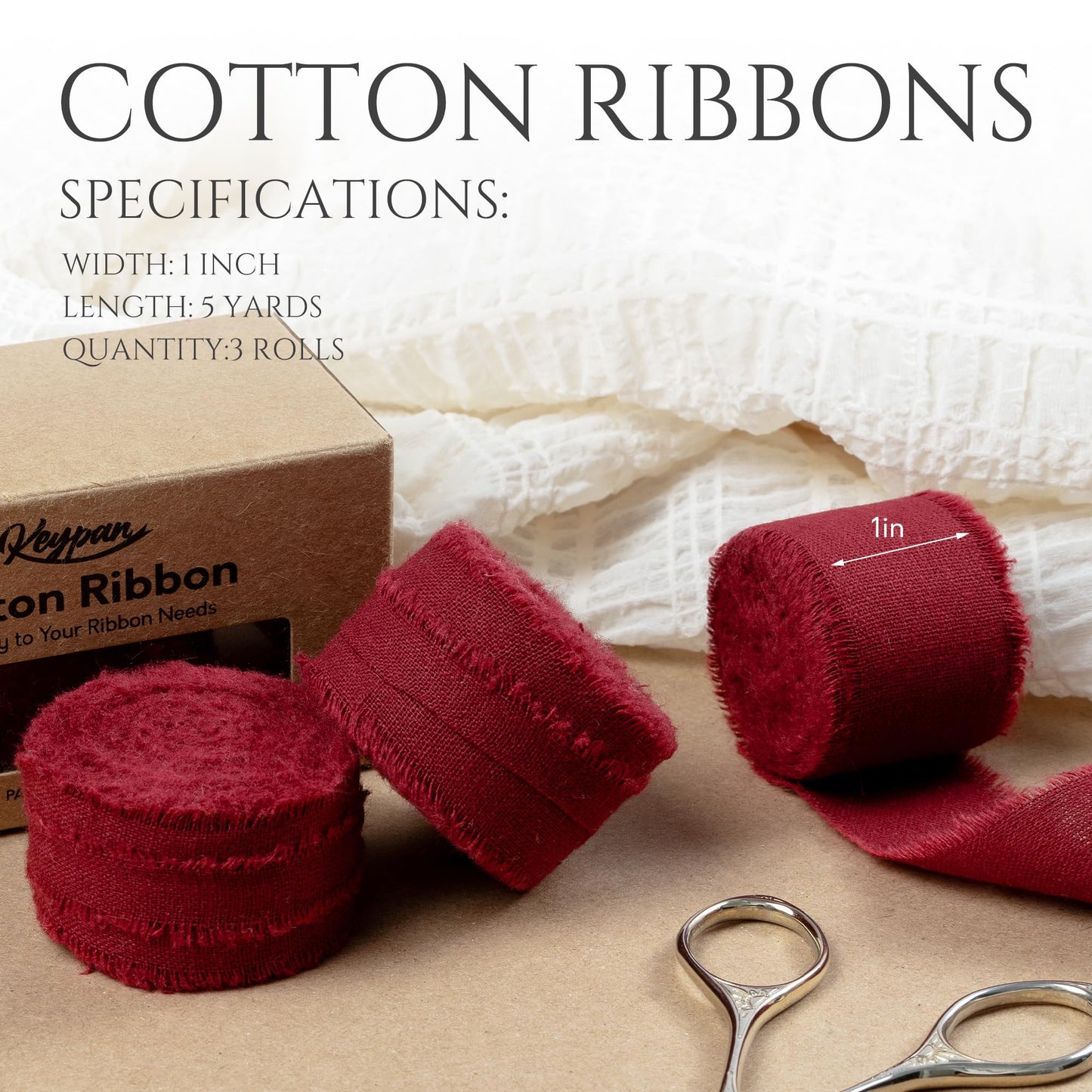 Keypan Burgundy Ribbon 1" x 15 Yards with Frayed Fringe Fabric Cotton Ribbons for Gift Wrapping Wedding Invitations Flower Bouquet Baby Shower