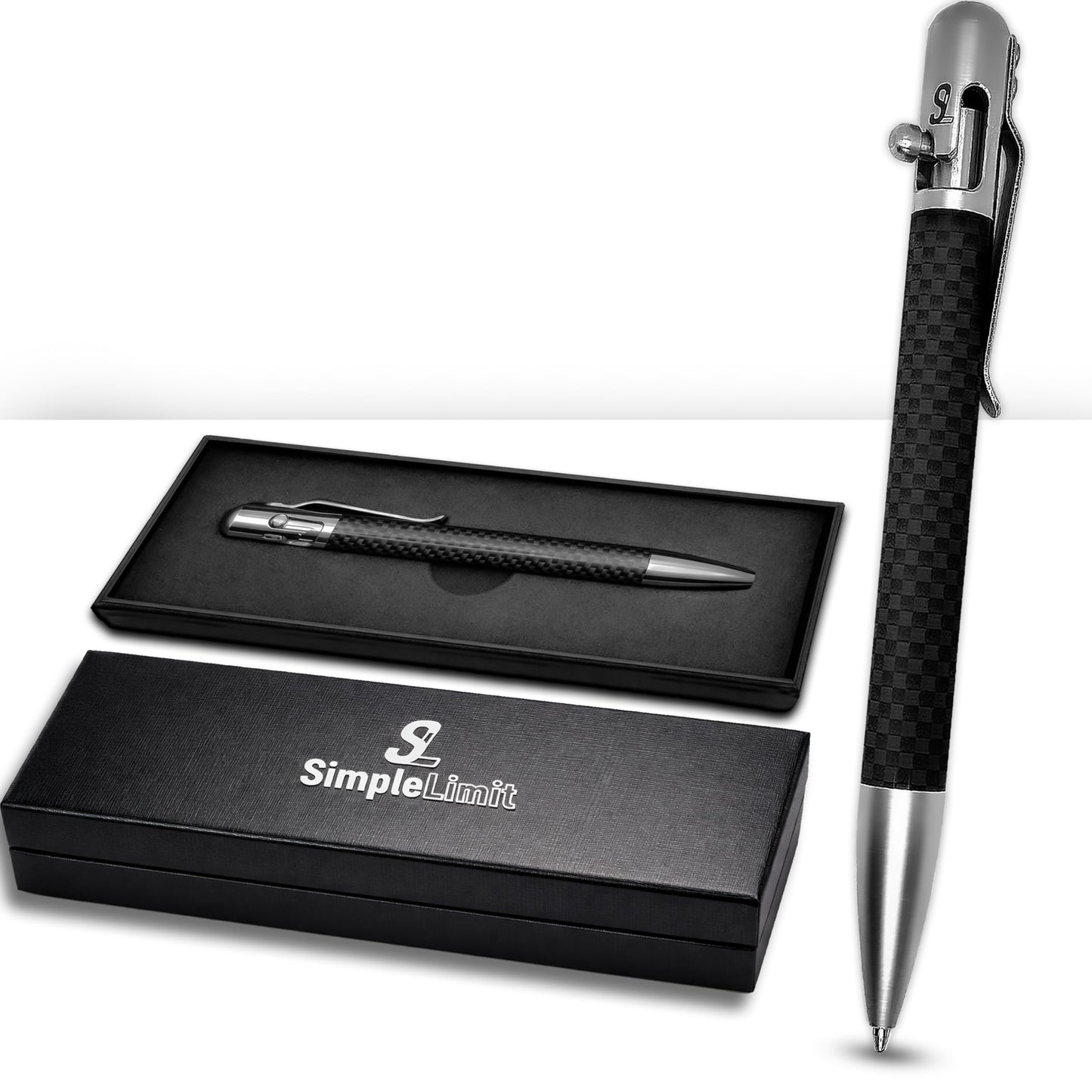 SL Simple Limit Bolt Action Carbon Fiber Ballpoint Pen with Gift Box – Luxury Stainless Steel Executive Writing Pen, Smooth Fine Point Black Ink, Professional EDC Pen for Men & Women