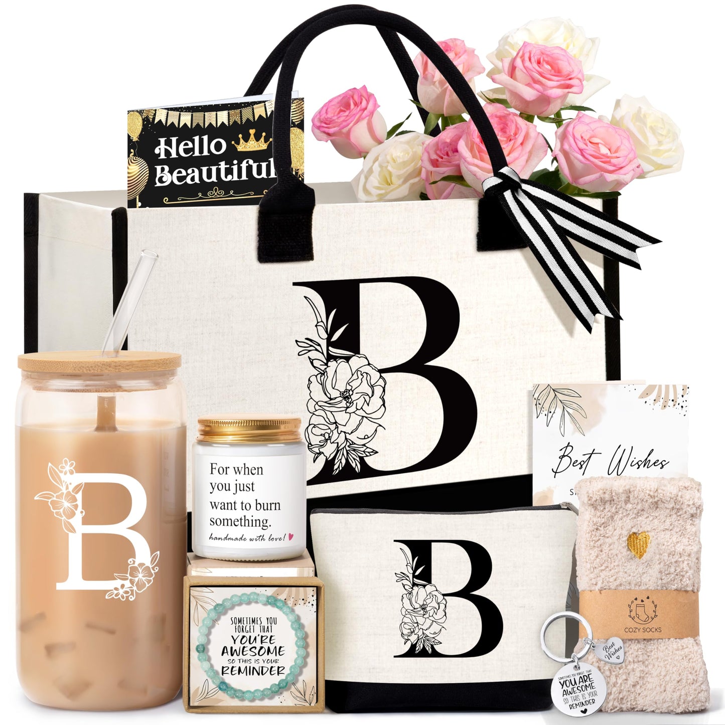 Lepiche Birthday Gifts for Women, Monogrammed Initial Gift for Teacher Wife Mom, Tote Bag,Glass Cup Gift Basket Personalized Christmas Mother's Teacher Appreciation Day,B