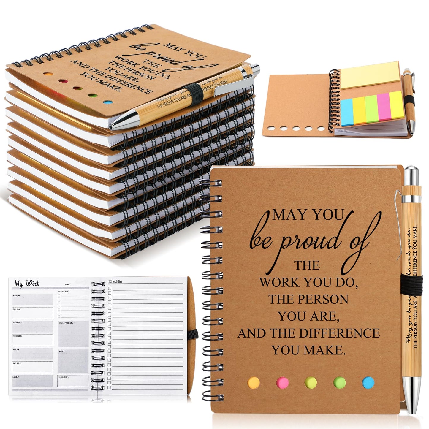 Moinchore 10 Sets Employee Appreciation Gifts Thank You Gifts Inspirational Spiral Notebooks with Sticky Notepad and Bamboo Pen for Team Volunteer Nurse Coworker Teacher Student (May You Be Proud)