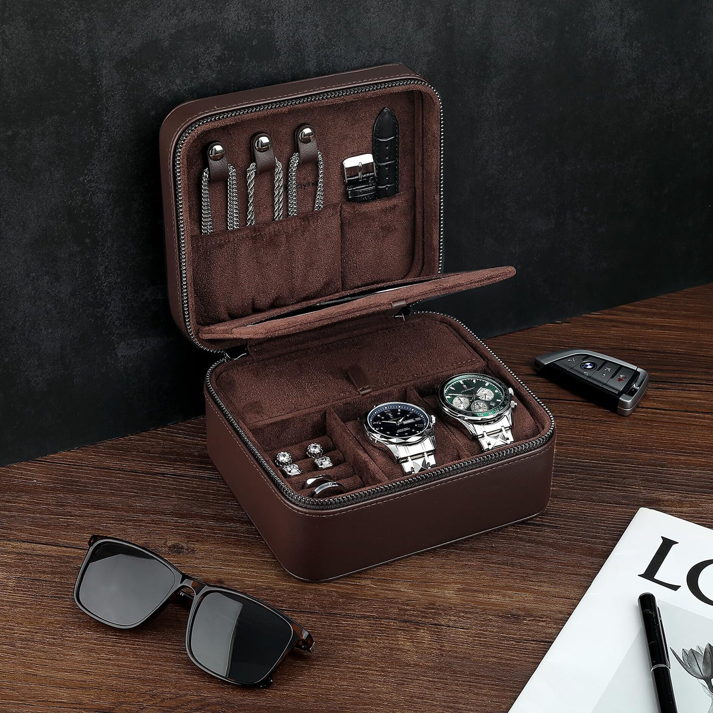 Lumayina Travel Watch Case for Men, Watch Box with Ring Rolls & Accessory Compartments, PU Leather Portable Men's Jewelry Organizer, Fits up to 50mm Watches, Gift for Him (Large – 2 Slot)