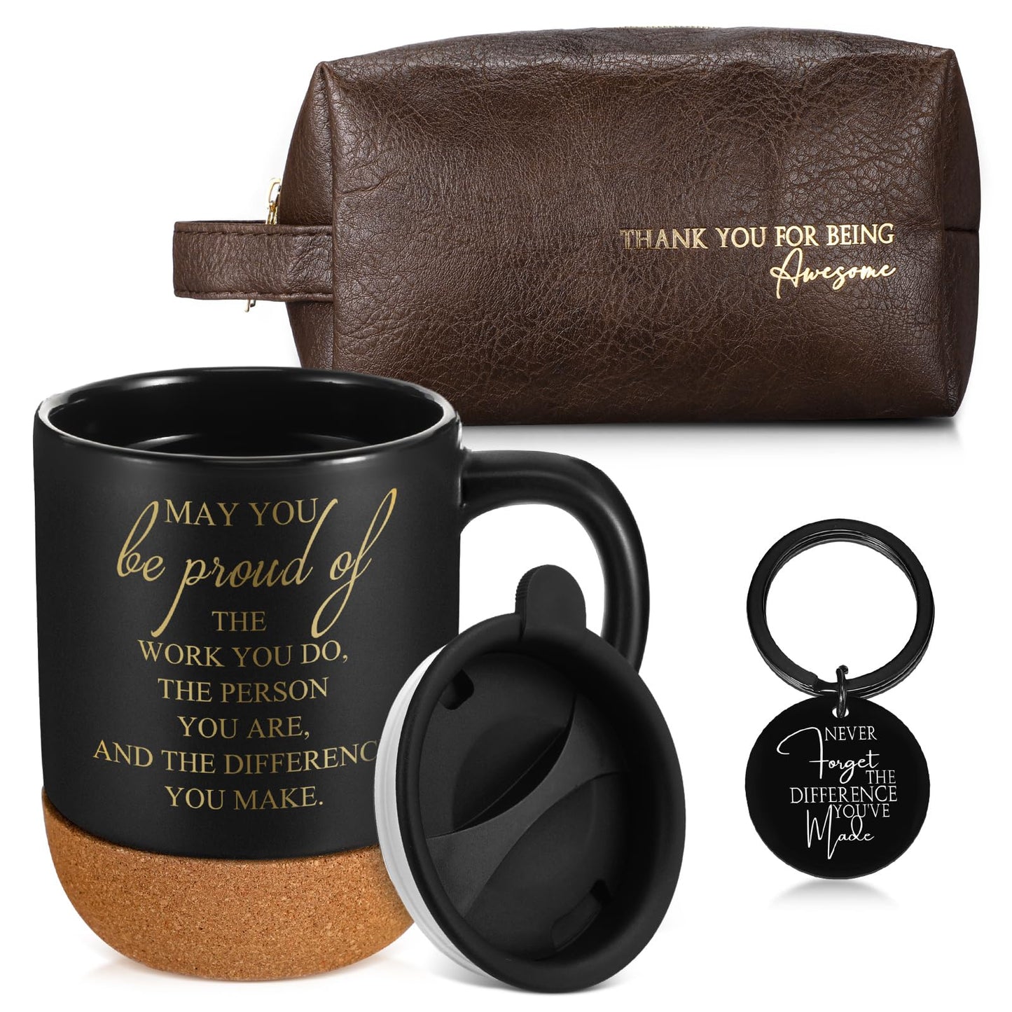 Dandat 3 Pcs Thank You Gift for Men Coworker Appreciation Office Gift Leather Toiletry Bag May You Be Proud 15oz Coffee Cup with Keychain for Boss Manager Teacher Nurse Employee(Brown)