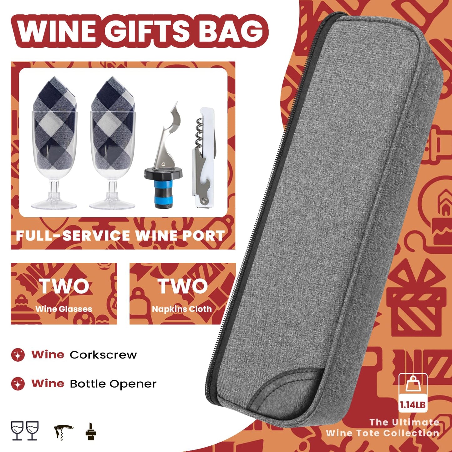 ALLCAMP Wine Bag - Insulated Cooler Bag with Wine Glasses, Bottle Opener & Wine Accessories for Wine Lovers - Portable Wine Gift Bag for Travel, Picnics, and Gift Ideas(Gray)