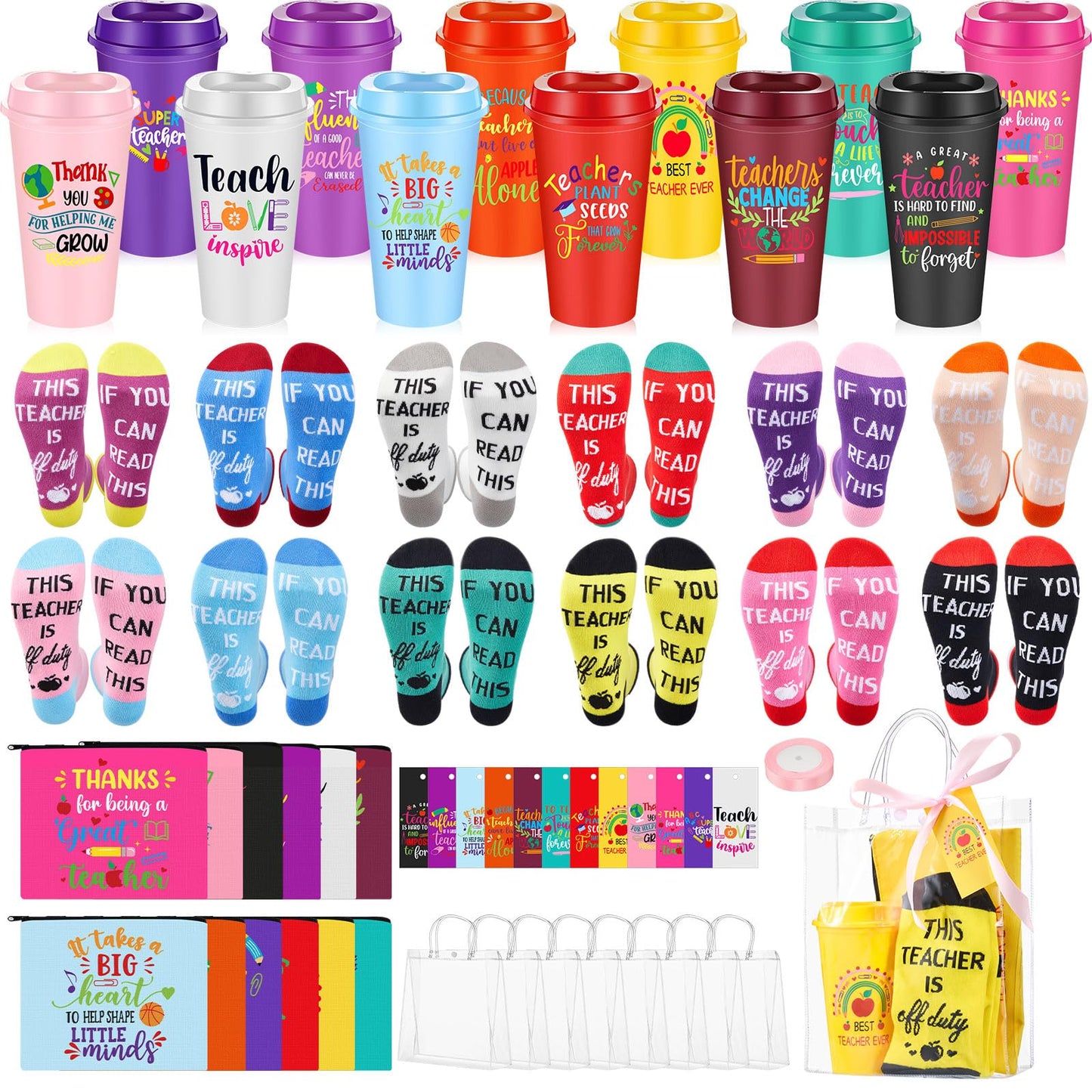 Pickmesh 12 Sets/61Pcs Teacher Appreciation Gifts for Women, Teachers Socks, 16oz Bright Coffee Cups, Canvas Makeup Bags, Clear Bag with Cards & Ribbon Thank You Gifts for Teacher Week Back to School