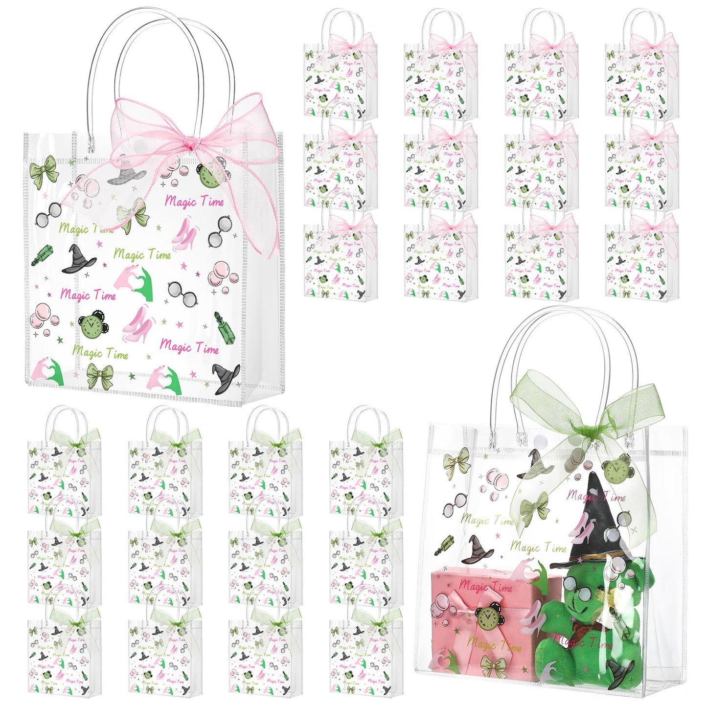 Sweetude 24 Pack Witch Party Gift Bags with Ribbon Bow Witch Party Favors PVC Clear Gift Goodie Bags with Handles for Pink and Green Birthday Decorations Friendship Fans Favors Halloween Decorations