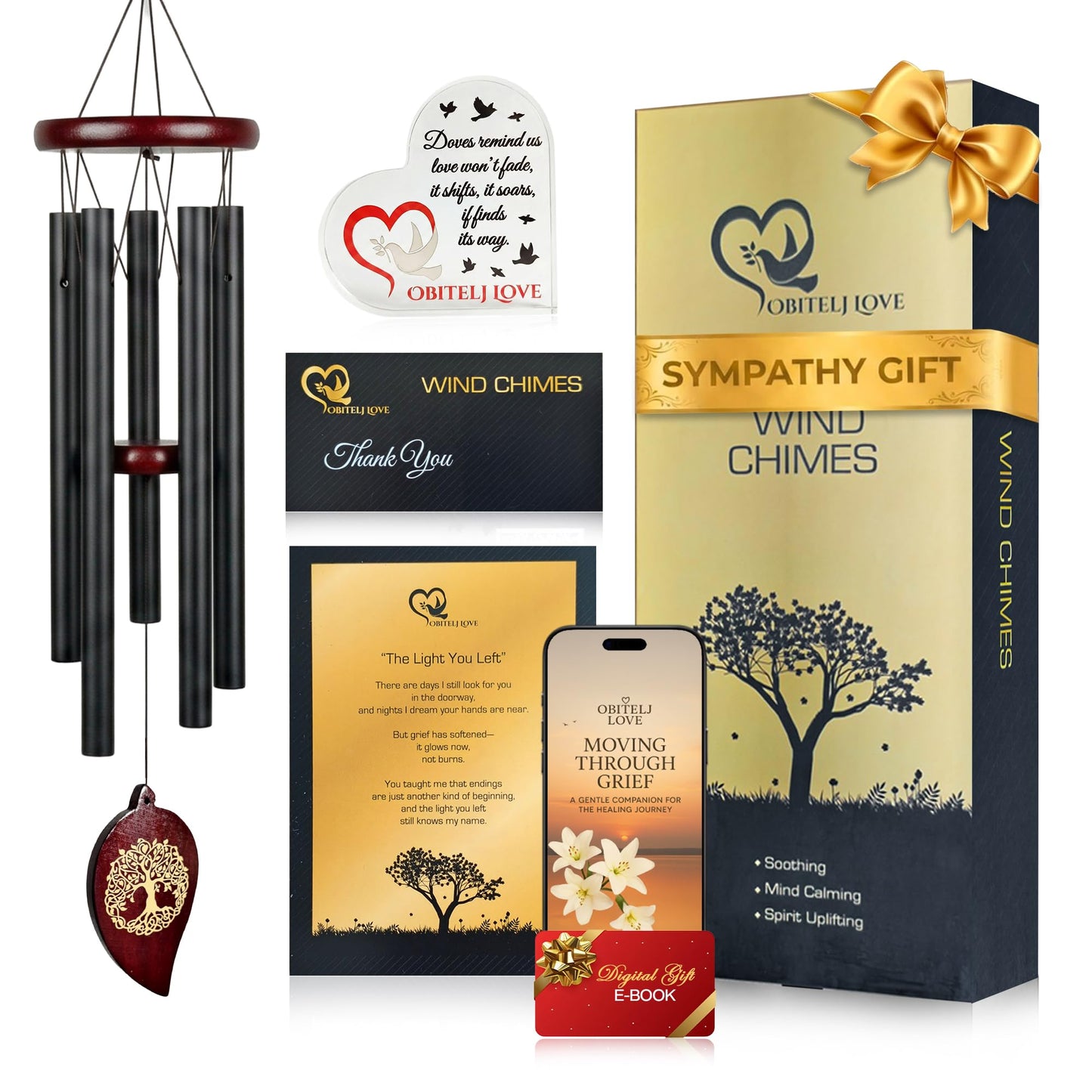 Obitelj Love 36" Memorial Wind Chimes for Outside, Double Sided Engraving Pendant, Deep Tone 6 Aluminum Tubes & Pine Wood, Sympathy Gift for Loss, Includes Acrylic Heart Plaque & a Letter from Heaven