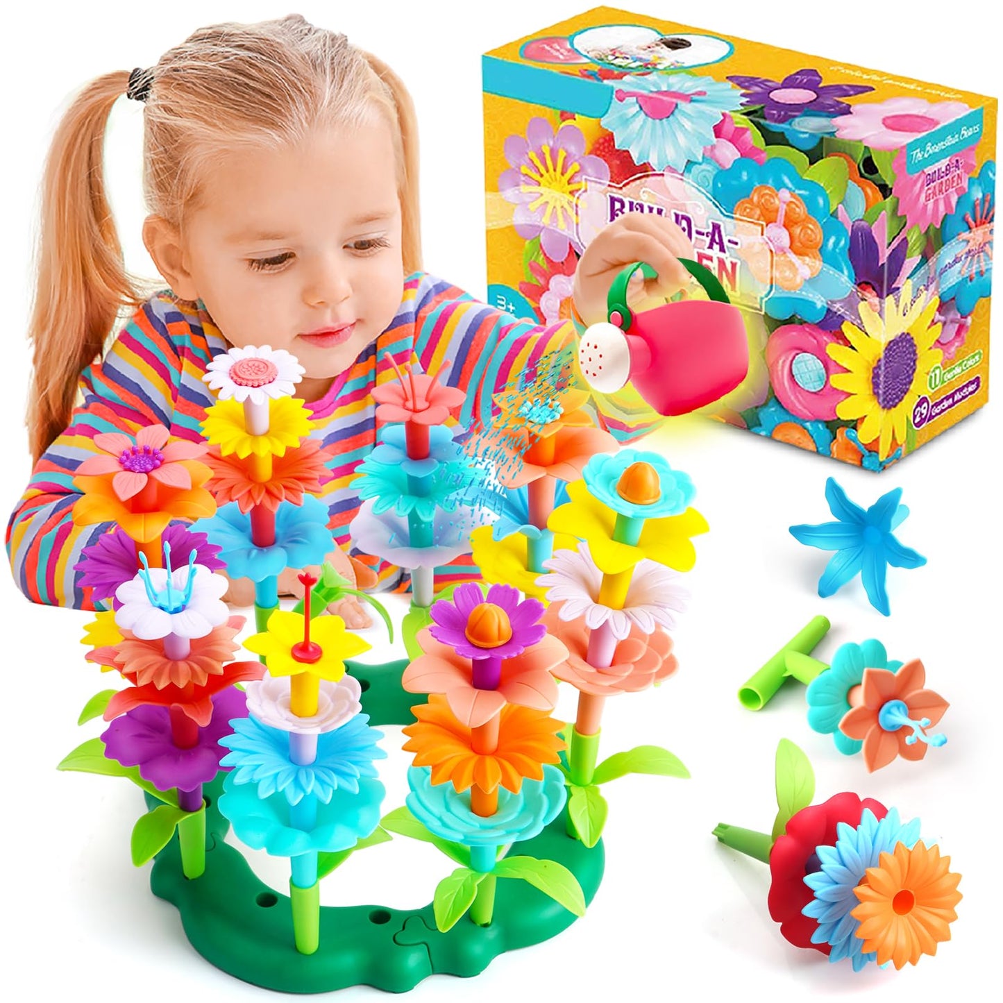 FUNZBO Girl Flower Garden Building Toys Set - Birthday Gifts for Age 2 3 4 5 6 Years Old Girls, STEM Montessori Educational Toy for Toddler Kids, Sorting & Stacking Spring Gardening Set