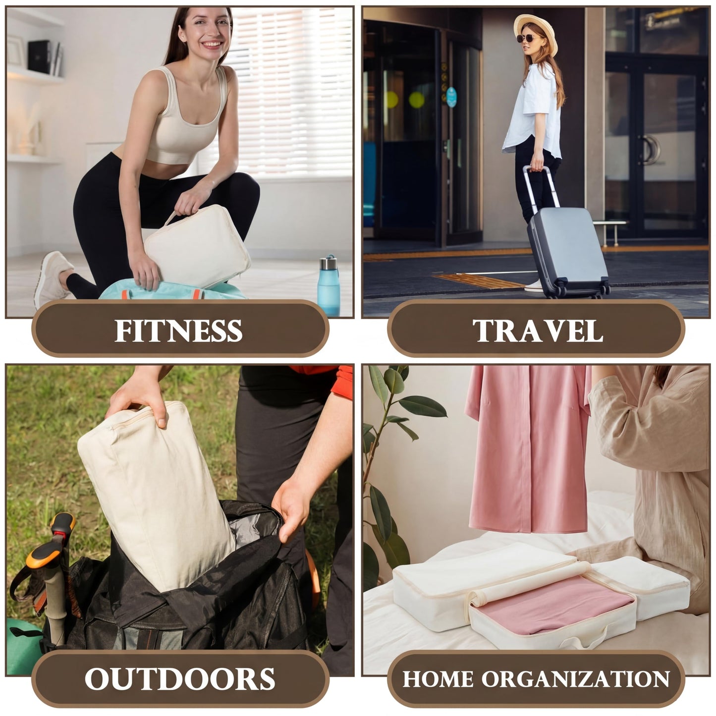 Shinymoon 3 Set 100% Cotton Packing Cubes with Handle Travel Luggage Storage Organizer Bags Beige Suitcases Bags Durable Zippers for Clothes Shoes Storage Weekend Plus Set(Regular Styles)