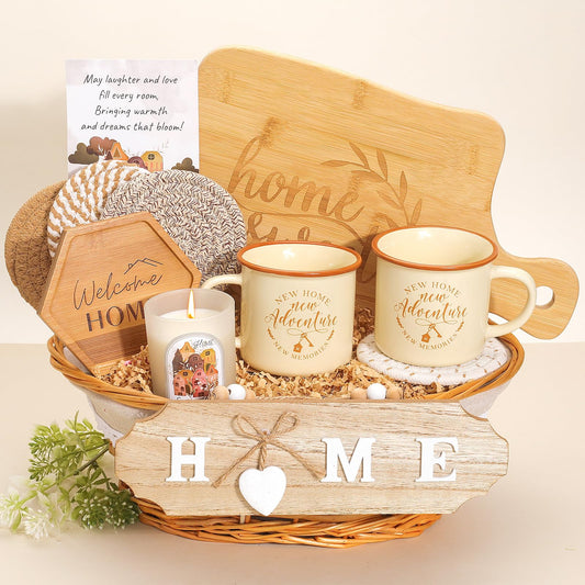 House Warming Gifts New Home,New Home Gifts Ideas,Housewarming Gift,Closing Gift for Home Buyers,House Warming Basket with Mugs Cutting Board Candle