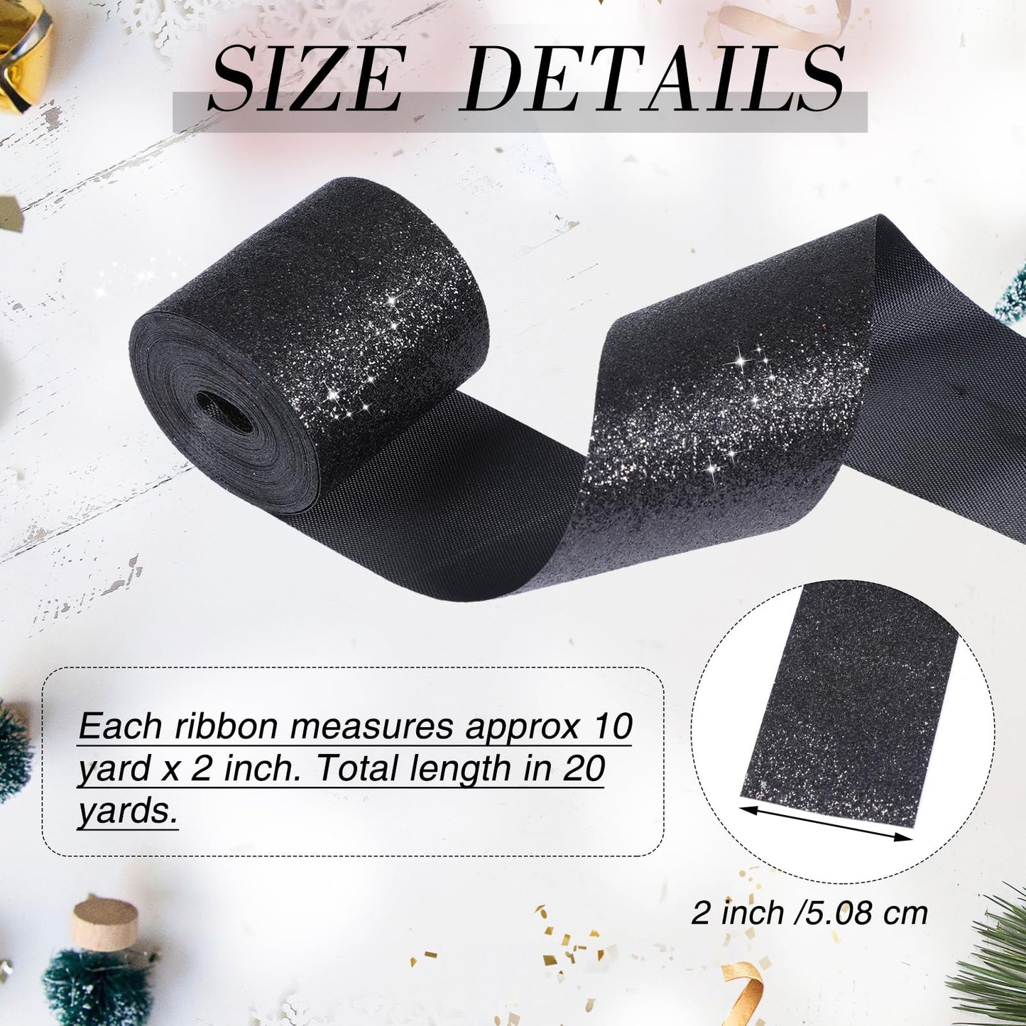 LOYIM Black Glitter Ribbon 20 Yards Shiny Wrapping Cut Edge Ribbon for Gift Wrapping Crafts Wreath Tree Decoration Holiday DIY Party Wedding Home(2 Inch Wide,Black)