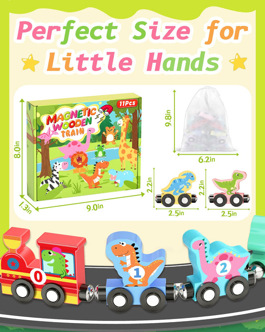 11 Pcs Magnetic Dinosaur Train Set Montessori Toys for 1 2 3 Years Old Toddlers Boys Girls, Wooden Dinosaur Preschool Learning Activities Educational Sensory Toys Birthday Gifts Ages 1-3, 2-4