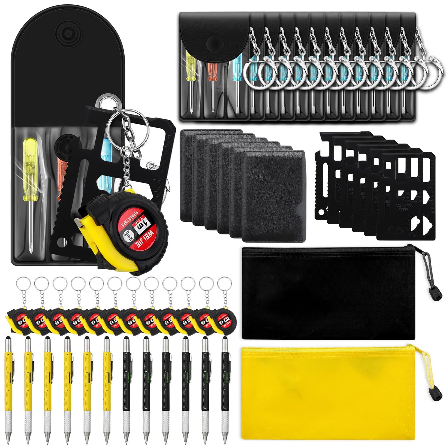 Lasnten 50 Pcs Mini Tape Measure Screwdriver Keychain Set Bulk Men Gifts Multitool Pen Card Mini Tool Bag Pouch Adult Party Favors Pinata Stuffers for Men Father's Day Husband Gifts (Black+Yellow)