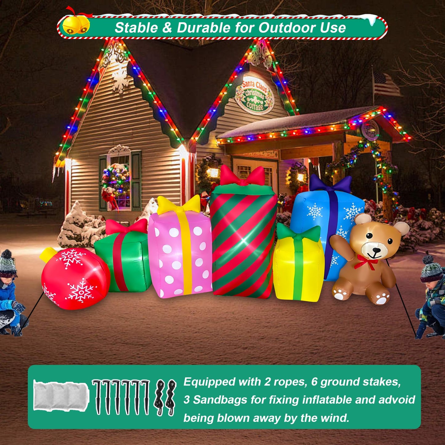 SEASONBLOW 8 FT Christmas Inflatable Gift Boxes with Ball and Bear Decoration, Xmas Blow Up LED Lighted for Lawn Yard Garden Home Indoor Outdoor Holiday Party Decor