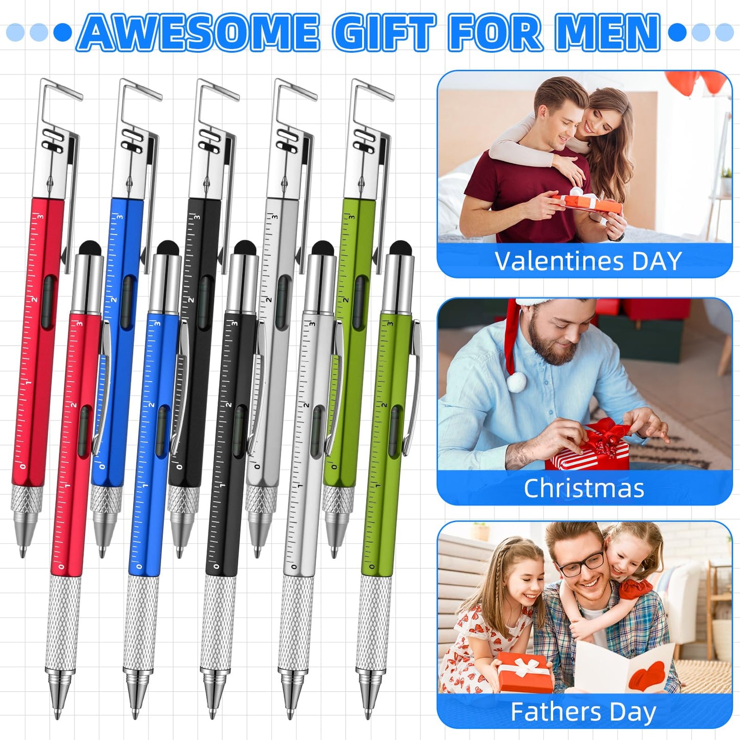 Maitys 30 Pcs Multi Tool Pens for Father's Day 6 in 1 Screwdriver Multi Function Pens with Level Gauge Stylus Phone Holder Pen for Father's Day Dad Husband Adult Men Bulk Gifts