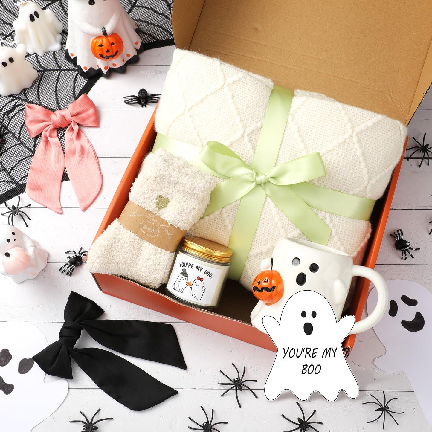Mimorou Halloween Boo Basket Gifts for Adults Women Halloween Basket Stuffer with Ghost Mug Knitted Tassel Blanket Boo Scented Candle Gifts for Friends Women Family