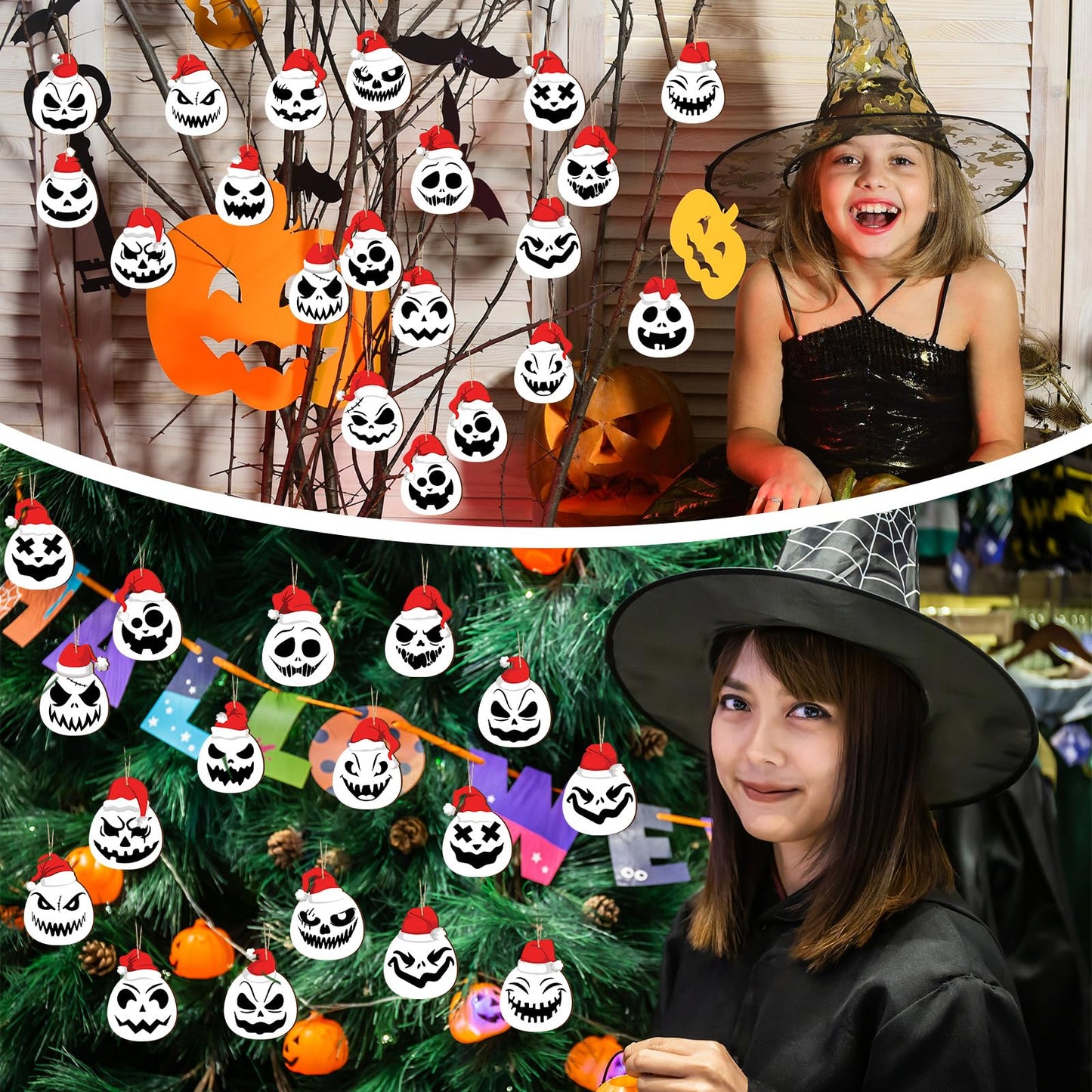 Suzile 36 Pcs Before Christmas Tree Decorations Xmas Jack O' Lantern Spooky Skull Tree Decorations Evil Pumpkin Hanging Ornaments Wooden Xmas Funny Holiday Decoration Gothic Themed Party for Home
