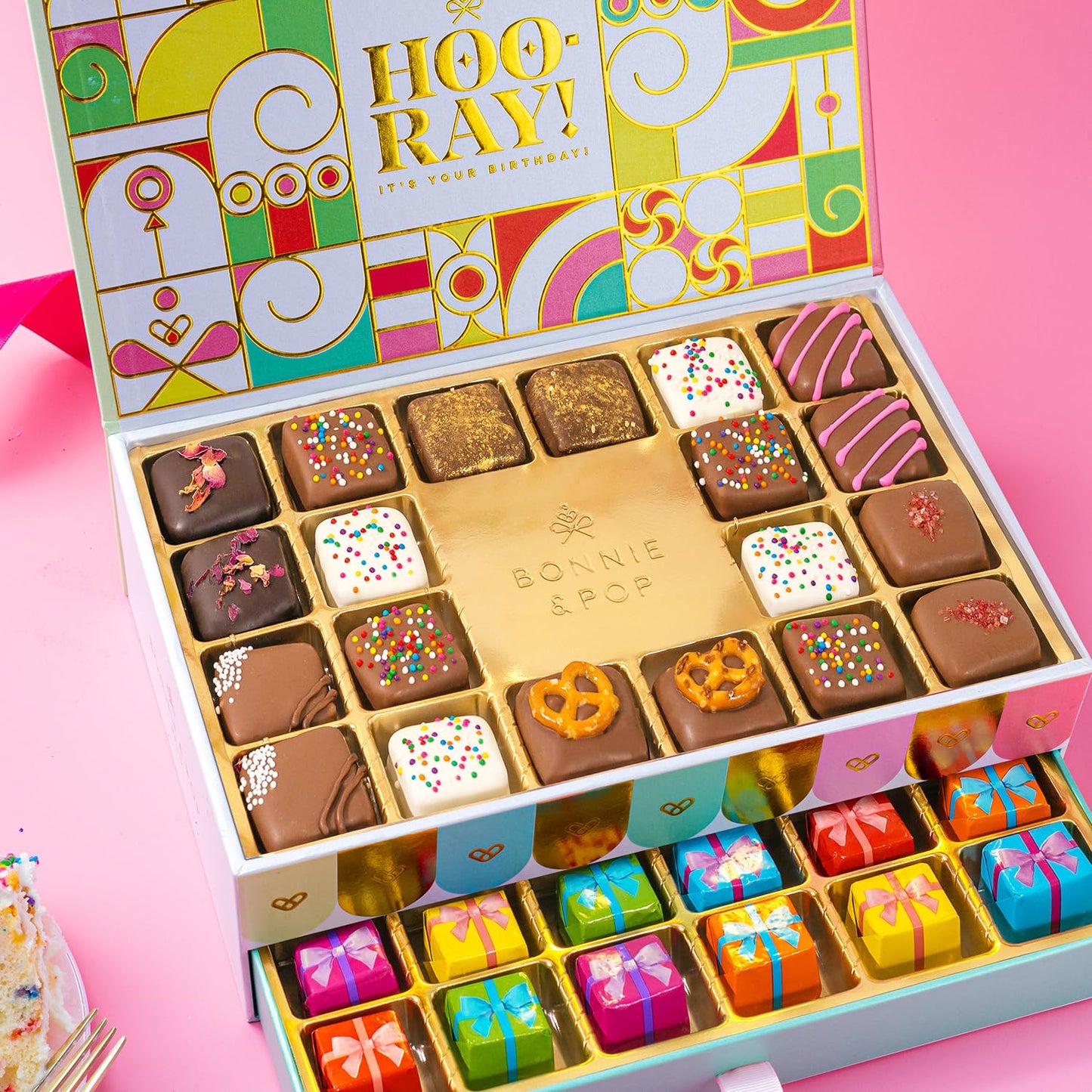 Birthday Gift Basket, Gourmet Candy Food Snack Box, Bday Him & Her, Men, Women, Family Party, Two-Tier Chocolate Gift Box with Assorted Belgian Truffles, 10+ Flavors, Bonnie and Pop (Birthday)