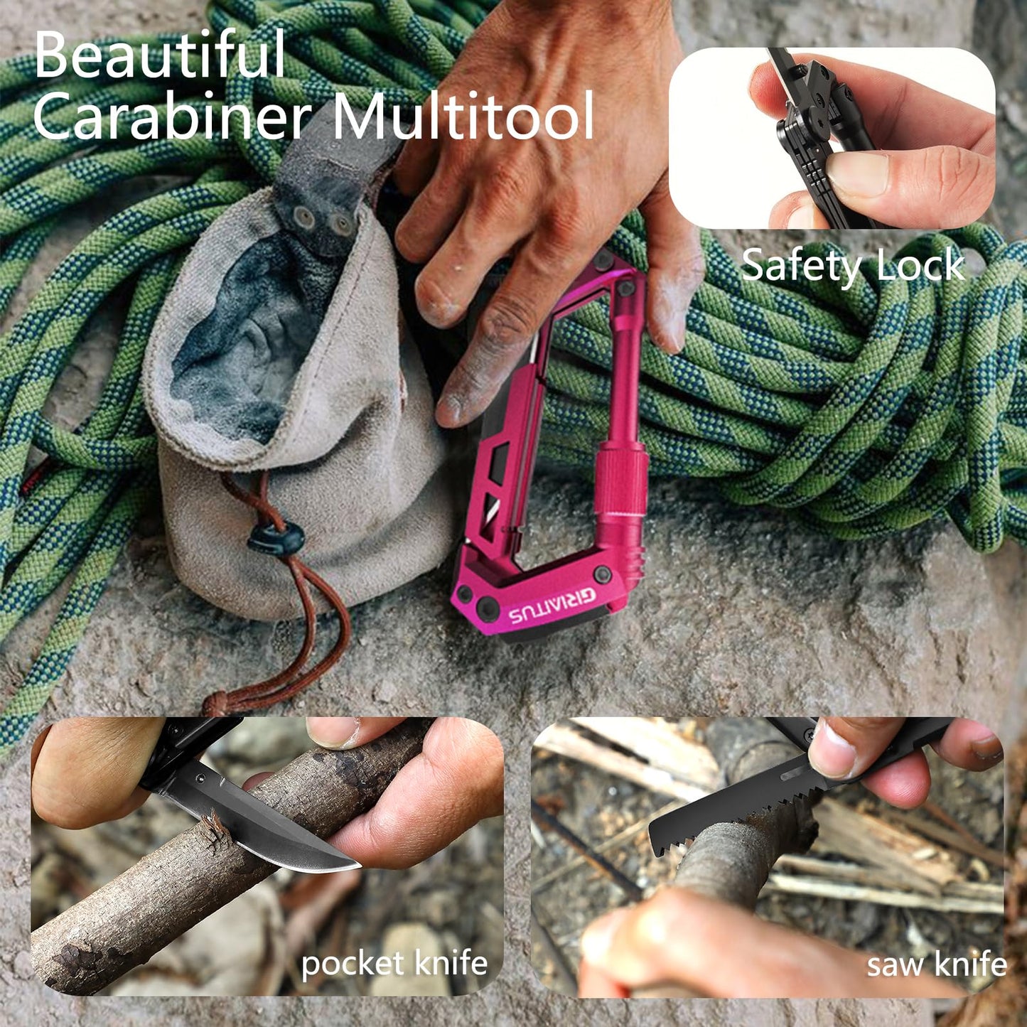 Dark Pink Color Multitool Carabiner EDC Pocket Multi-tool Knife Gifts for Mom Women Wife, EDC Carabiners Keychain with Bottle Opener, Rope Cutter, Window Breaker, for Camping Hiking (Deep Pink)