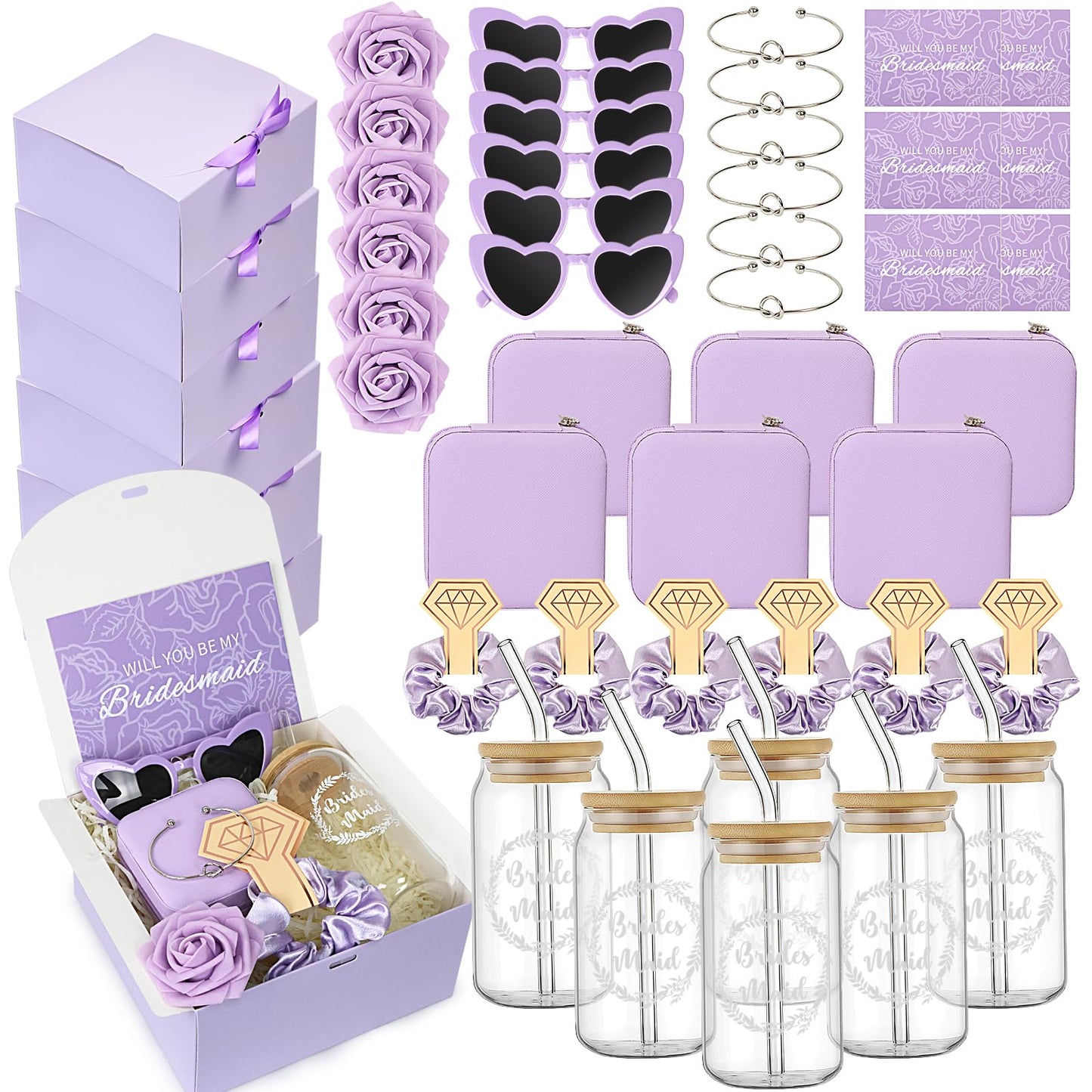 HOMENERGY Bridesmaid Proposal Gifts Set 6 - Will You Be My Bridesmaid Kit with Elegant Box Jewelry Box Glass Cup Invited Cards Knotted Bracelets Sunglasses Scrunchies Raffia Grass (Purple, 54 Pcs