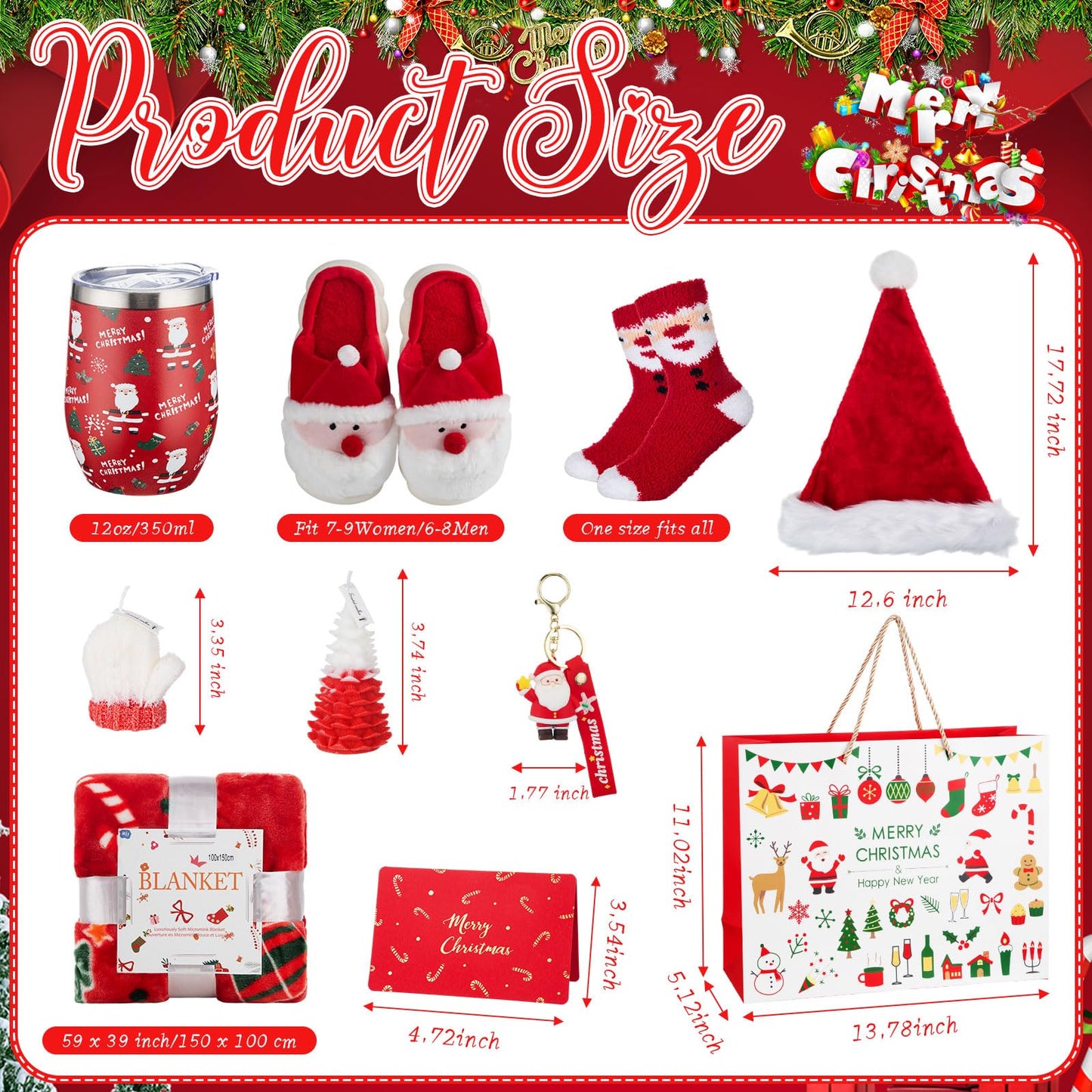 Patelai 10 Pcs Christmas Gifts Merry Christmas Gift Basket Set Xmas Hat 12 oz Tumbler Gift Bag Blanket Slippers Socks Candles Keychain Greeting Card for Women Wife Coworkers Friend Teacher