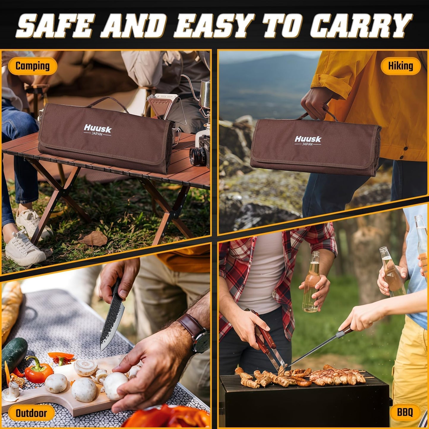 Huusk Chef Knife Set 5Pcs - Hand Forged Meat Cleaver & Chef Viking Knife & Utility Knives, Kitchen Knives Set with Bag for Cooking, Outdoor Camping, BBQ, Christmas Gifts for Men