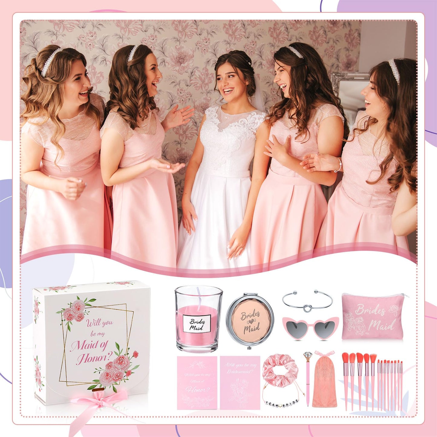 Nuogo 88 Pcs 8 Sets Bridesmaid Proposal Gift Wedding Bridesmaid Box Set Maid of Honor Gift Include Box Candle Invited Cards Scrunchies Hair Elastics Ties Knotted Bracelets Diamond Pens(Pink,Fresh)