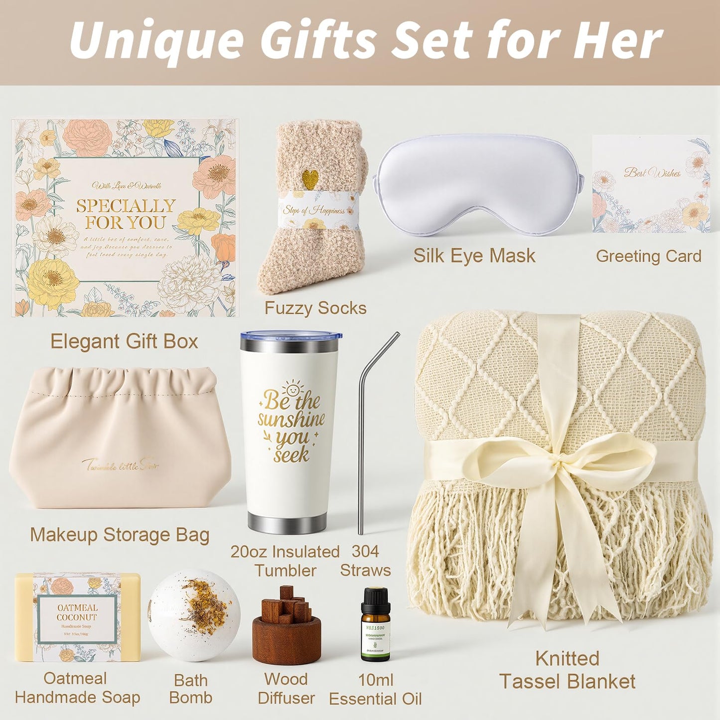 Mothers Day Birthday Gifts for Women, Get Well Gift Baskets for Women, Care Package Self Care Gift Box Thinking of You Inspirational Valentines Day Gift Set for Her Wife Firends, Beige