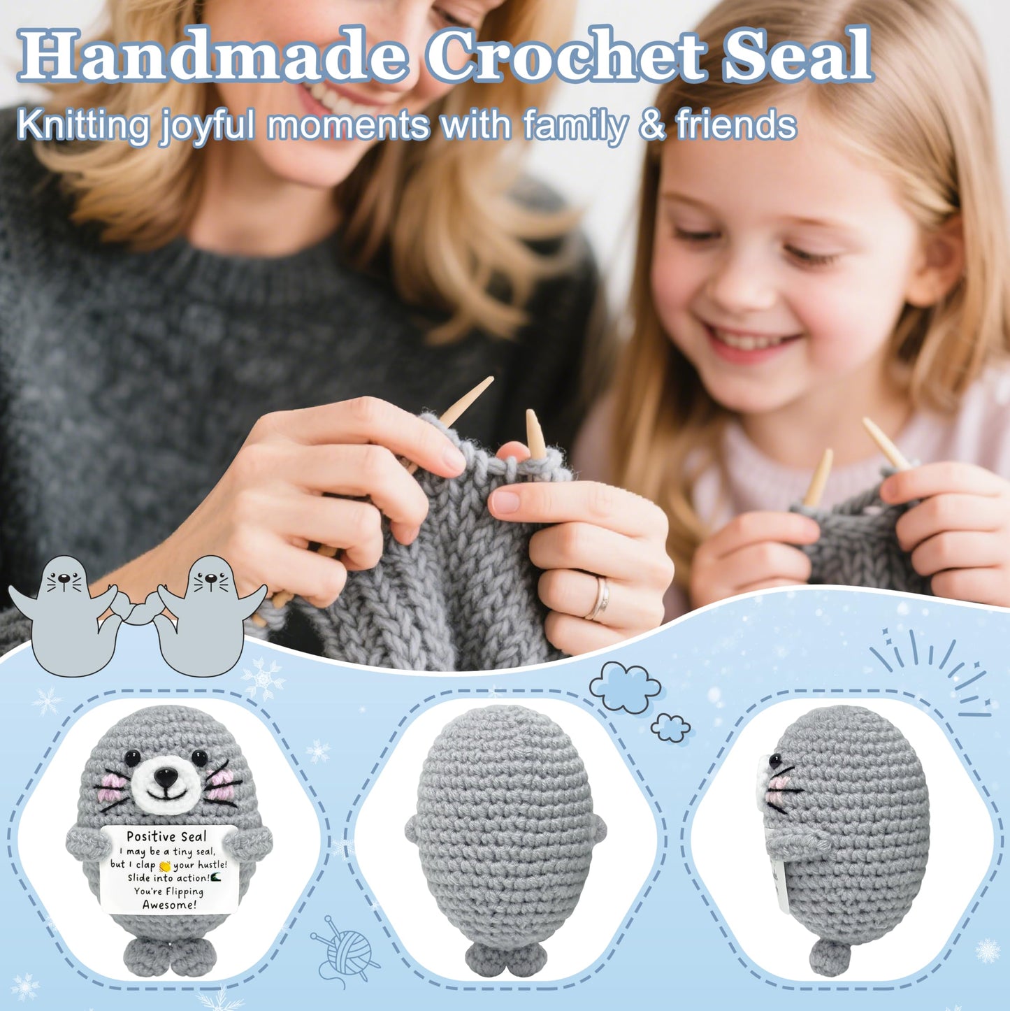 Inspirational Gifts for Women Men Teen - Handmade Emotional Support Crochet Seal, Positive Mothers Day Thanksgiving Gift, Cute Mini Stress Relief Desk Decor for Friend Coworker Her Him