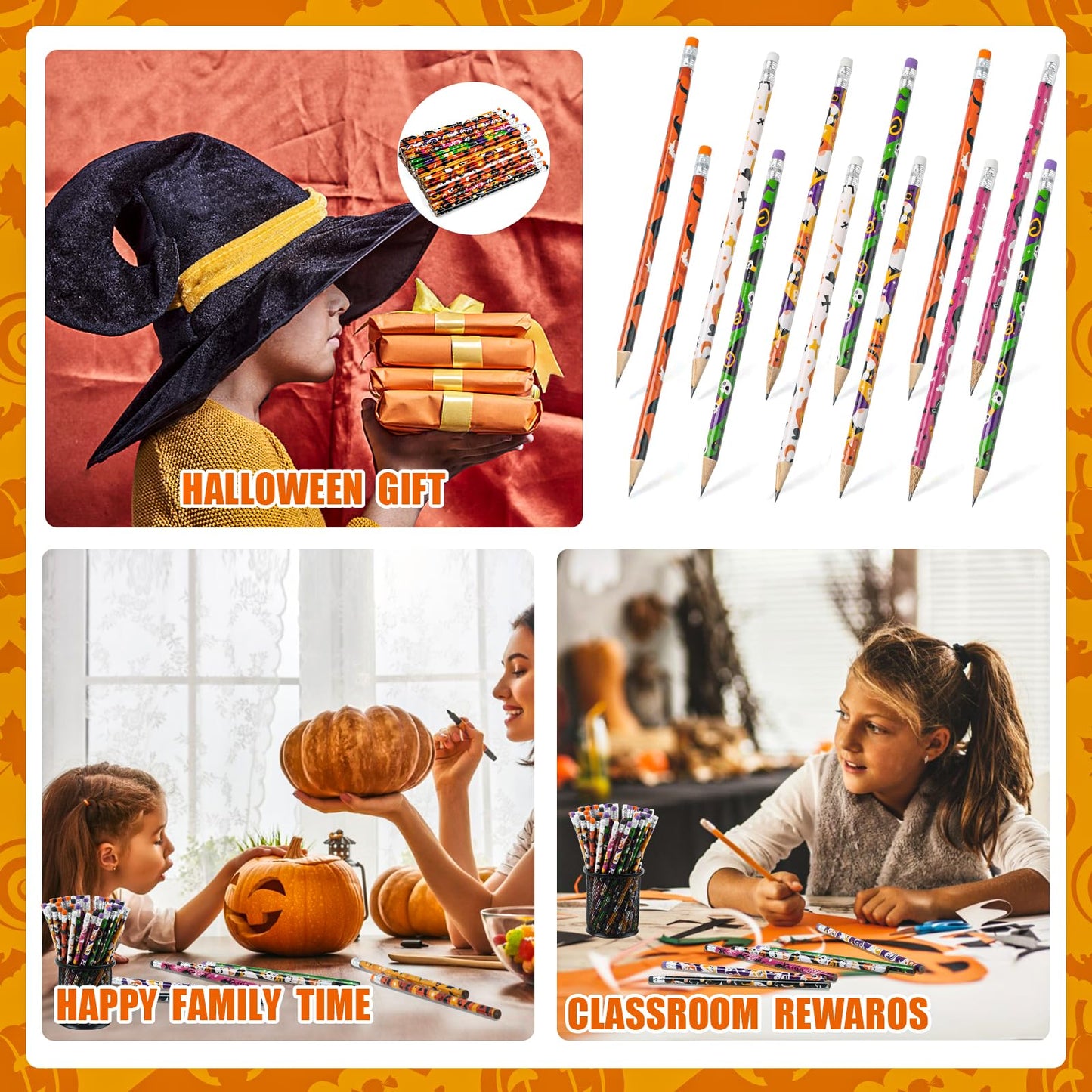 LOMIMOS 120pcs Halloween Pencil Bulk,Colorful Wooden with Eraser 12 Patterns Stationery for Kid Trick or Treat Gift Prize Party Favor School Office Supply Goody Bag Classroom Reward