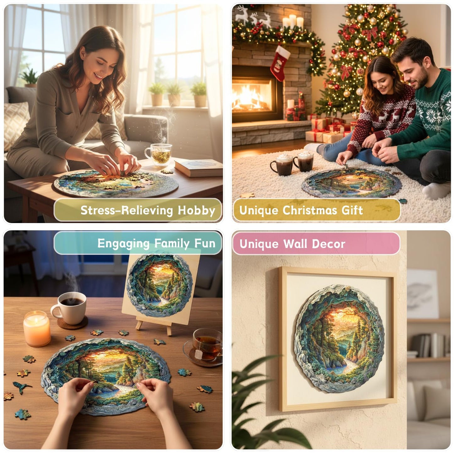 Jollitot Wooden Puzzles, 3D Cave Forest Puzzle 300 Pieces, Unique Animal Shaped Wood Challenging Jigsaw Puzzles Ideal for Adults, Premium Wood Gift Box 13.4x13.3in