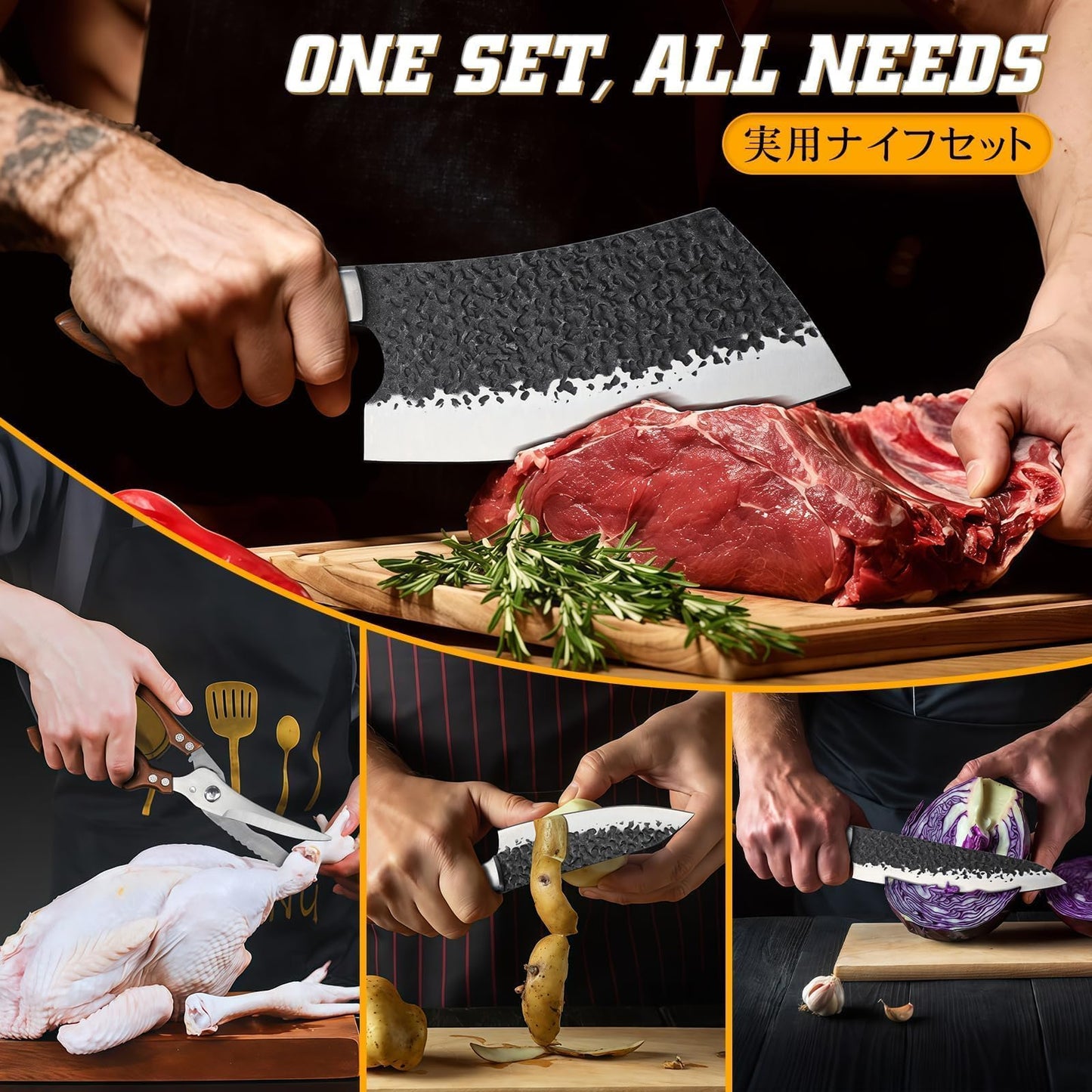 Huusk Chef Knife Set 5Pcs - Hand Forged Meat Cleaver & Chef Viking Knife & Utility Knives, Kitchen Knives Set with Bag for Cooking, Outdoor Camping, BBQ, Christmas Gifts for Men