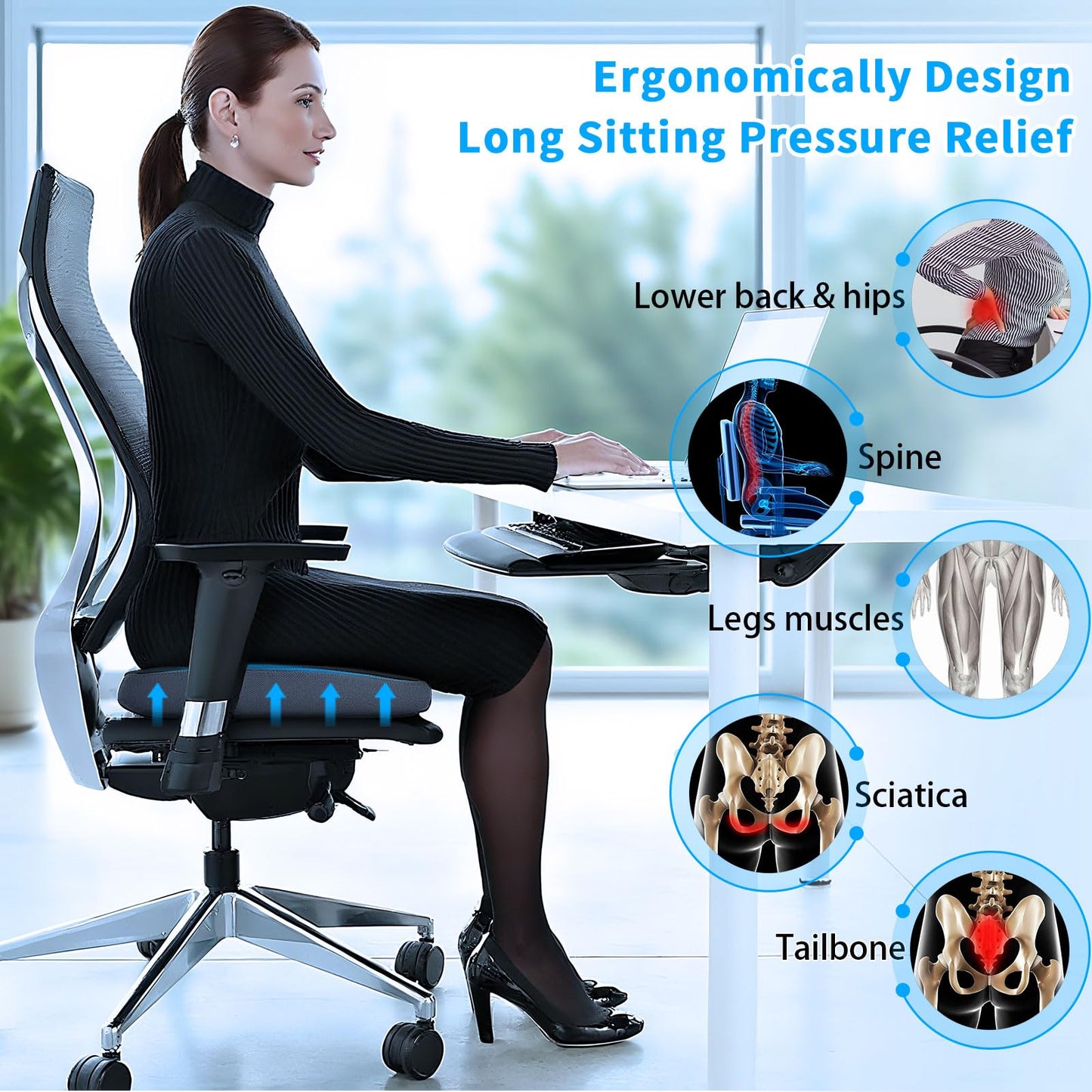 ANKUNABA Seat Cushions for Office Chairs, Large Memory Foam Desk Chair Cushion for Coccyx Tailbone Sciatica Back Pain Relief, Orthopedic Chair Pad for Car Wheelchair Computer Long Sitting (Black)