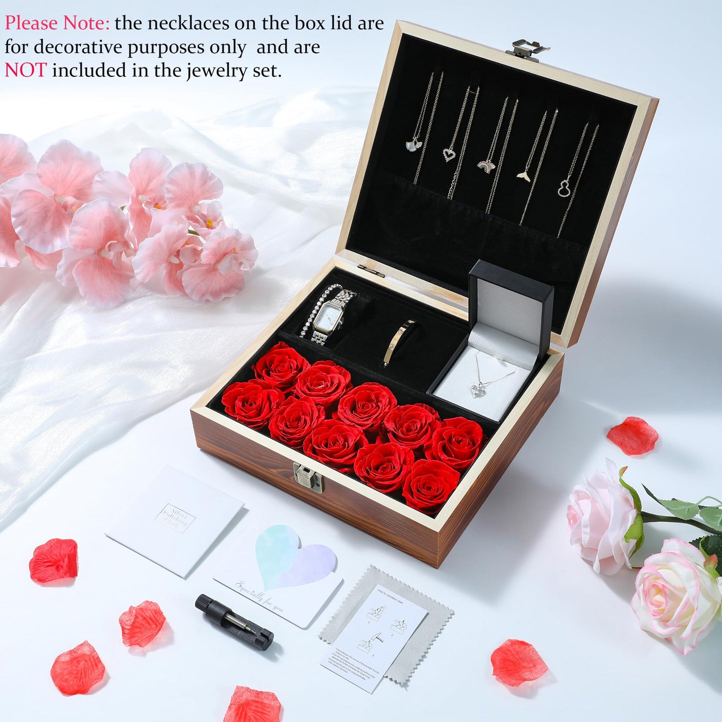 Gifts for Women Jewelry Set, 925 Silver Moissanite Necklace, Gold Watch Stainless Steel Bangle with Eternal Roses Wooden Gift Box Ideal for Mother's Day Birthday Anniversary Christmas Valentine's Day Wife Gift
