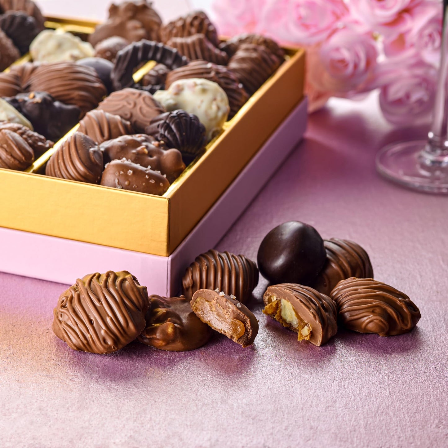 Chocolate Gift Box with Assorted Gourmet Chocolate - Pink Floral Gift Box - Food Gift Basket for Women - Birthday, Thank You, Present Idea for Her, Holiday Gift Baskets by Empire Delights