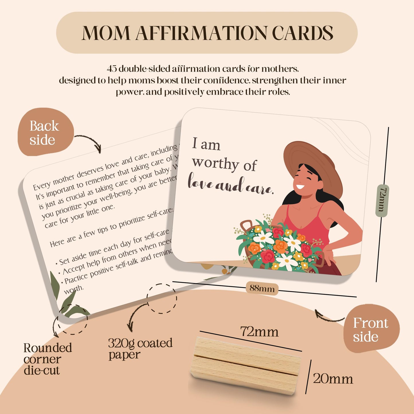 45 PCS New Mom Affirmation Cards for Postpartum - Mothers Day Gifts - New Mom Essentials Gifts with Empowering Messages - Postpartum Affirmation Cards with Wooden Stand & Metal Box for Mothers Day