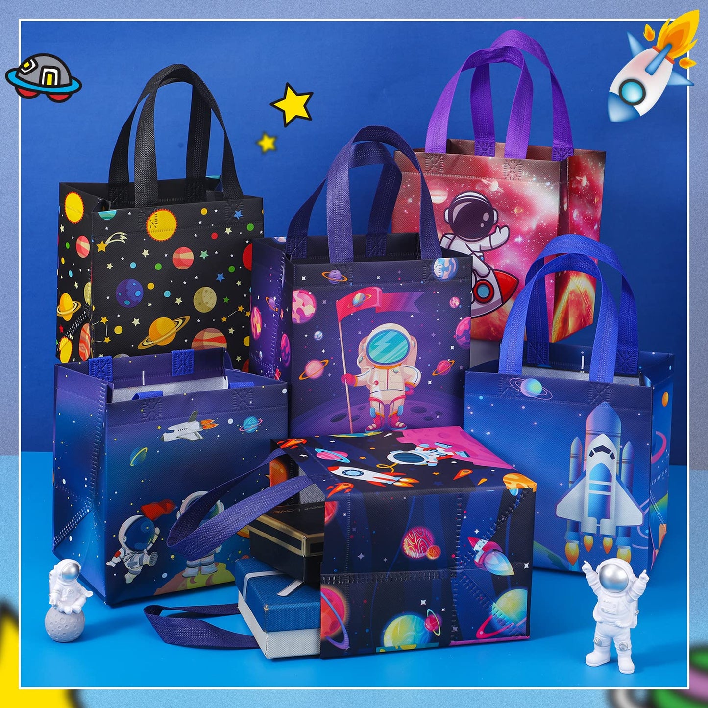 Kigeli 18 Pcs 6 Style Space Goodie Bags, Space Party Favors Large Non-woven Gifts Bags with Handles, Astronaut Planet Rocket Goodie Candy Tote for Baby Shower, Galaxy Theme Birthday Party Supplies