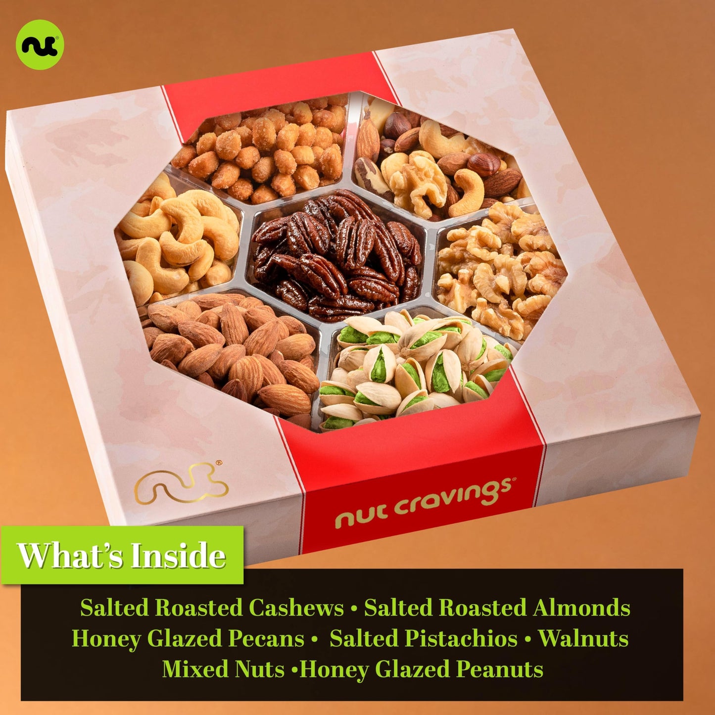 NUT CRAVINGS - Mothers Day Treats, Mixed Nuts Gift Basket in Red Gold Box (7 Assortments, 1 LB) Treats for Adults, Food Arrangement, Healthy Snack Care Package, Kosher