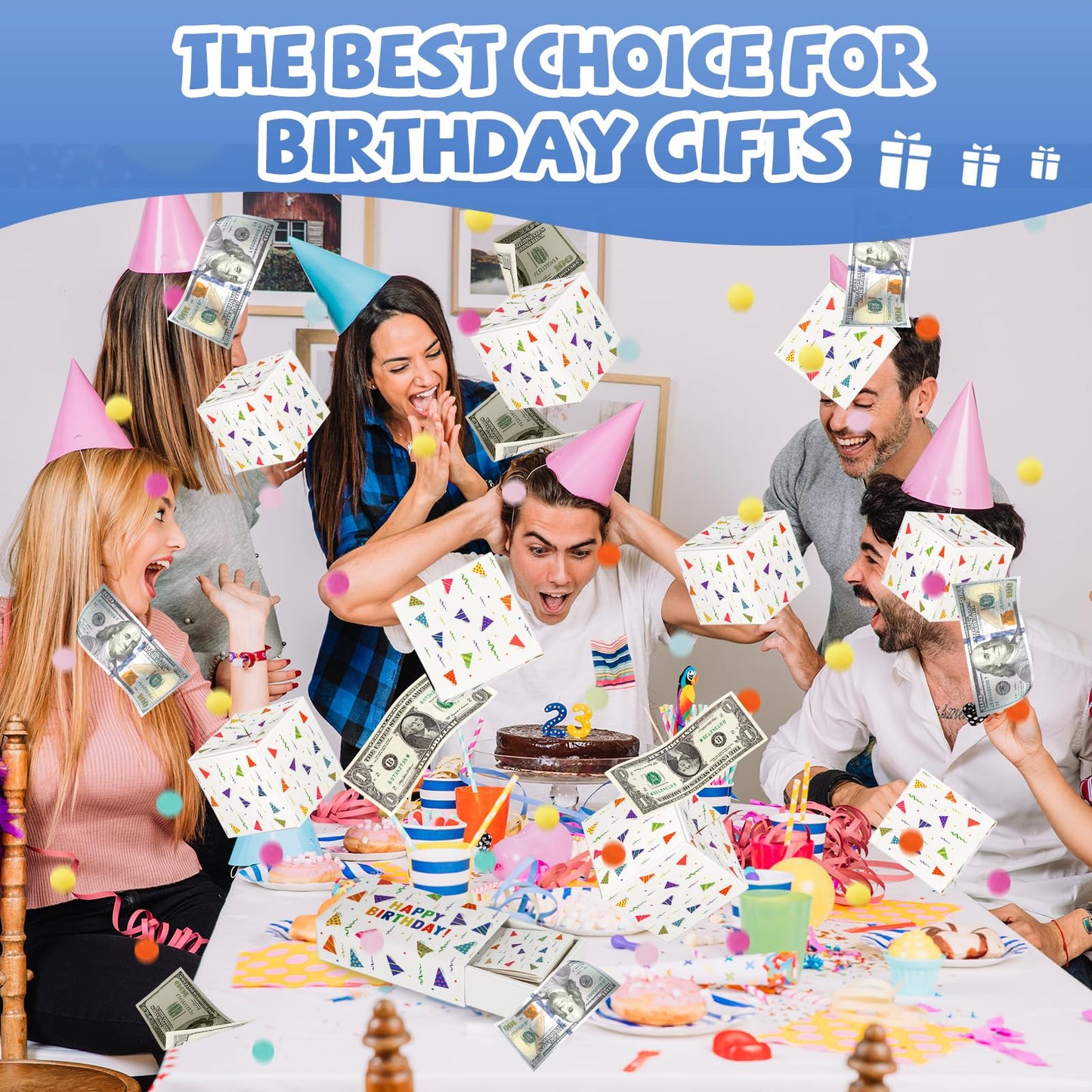 WenmthG Happy Birthday Surprise Gift Box Explosion for Money - DIY Pop Out Folding Bounce Explosion Gift Box with Confetti - Birthday Money Bank - Cash Gift Idea for Women Men Kids (White)