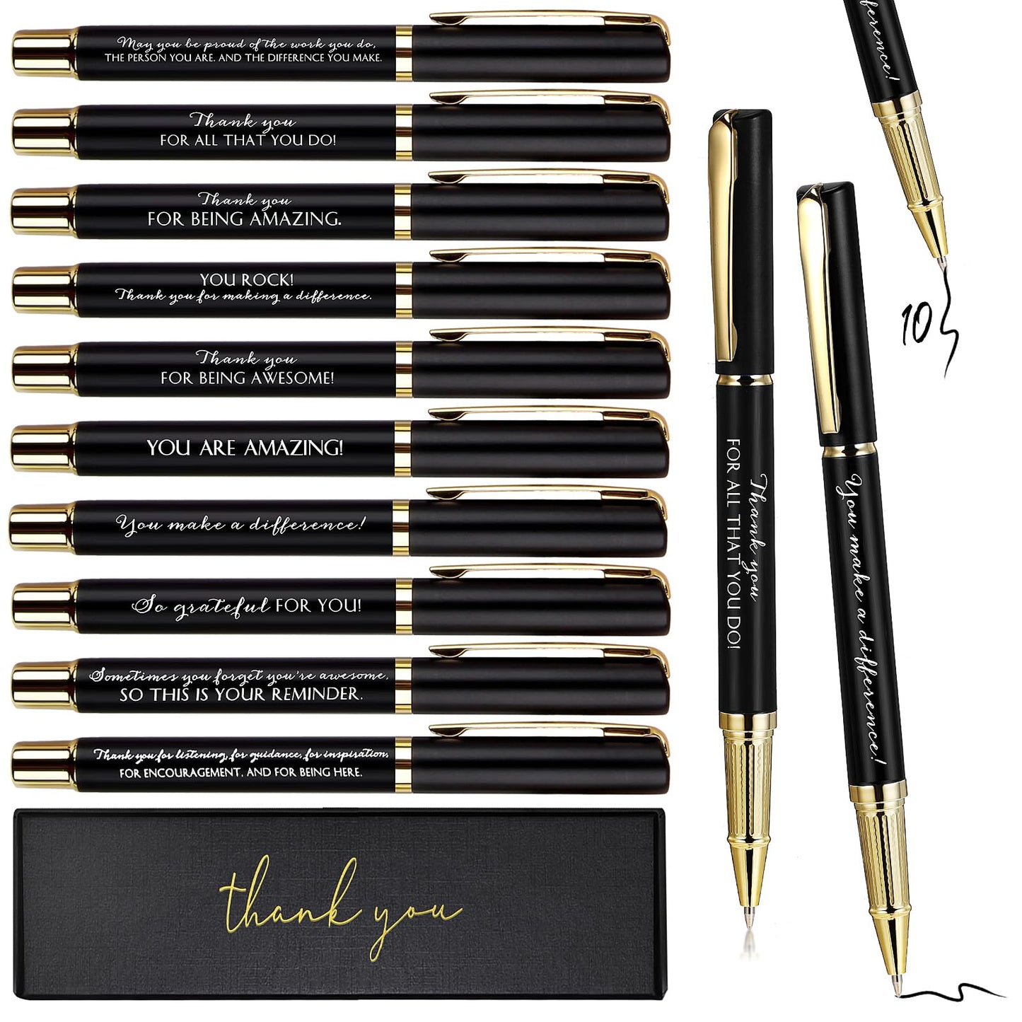 PerKoop 10 Sets Thank You Gifts Appreciation Pens with Boxes for Employee Coworker Volunteer Teacher Nurse Team Prizes Office Supplies Bulk Inspirational Party Favors for Adults(Black,Mixed)