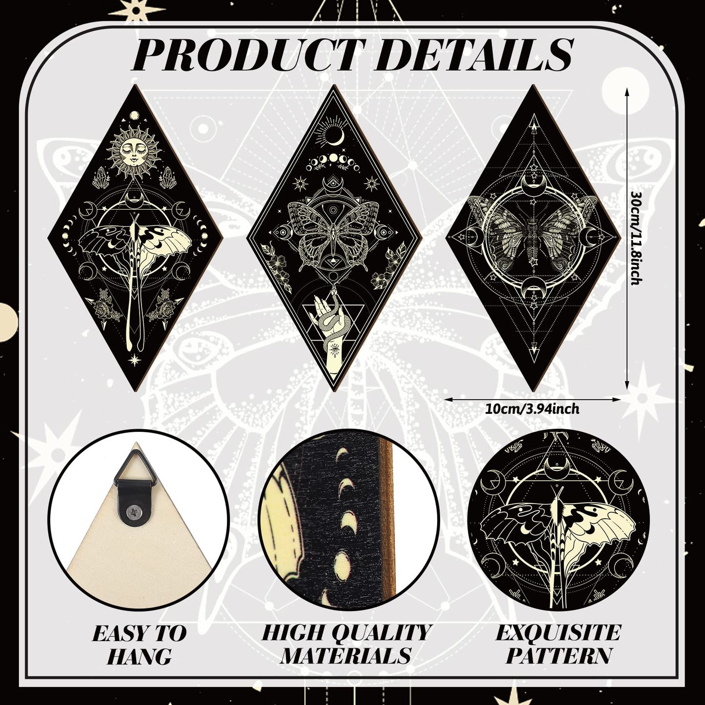 Sintuff 6 Pieces Gothic Wall Decor Boho Sun Moon Phases Wall Art Gothic Minimalist Stars Sun Hanging Wooden Home Decor Farmhouse Pediments for Gallery Living Bedroom Room(Mysterious)