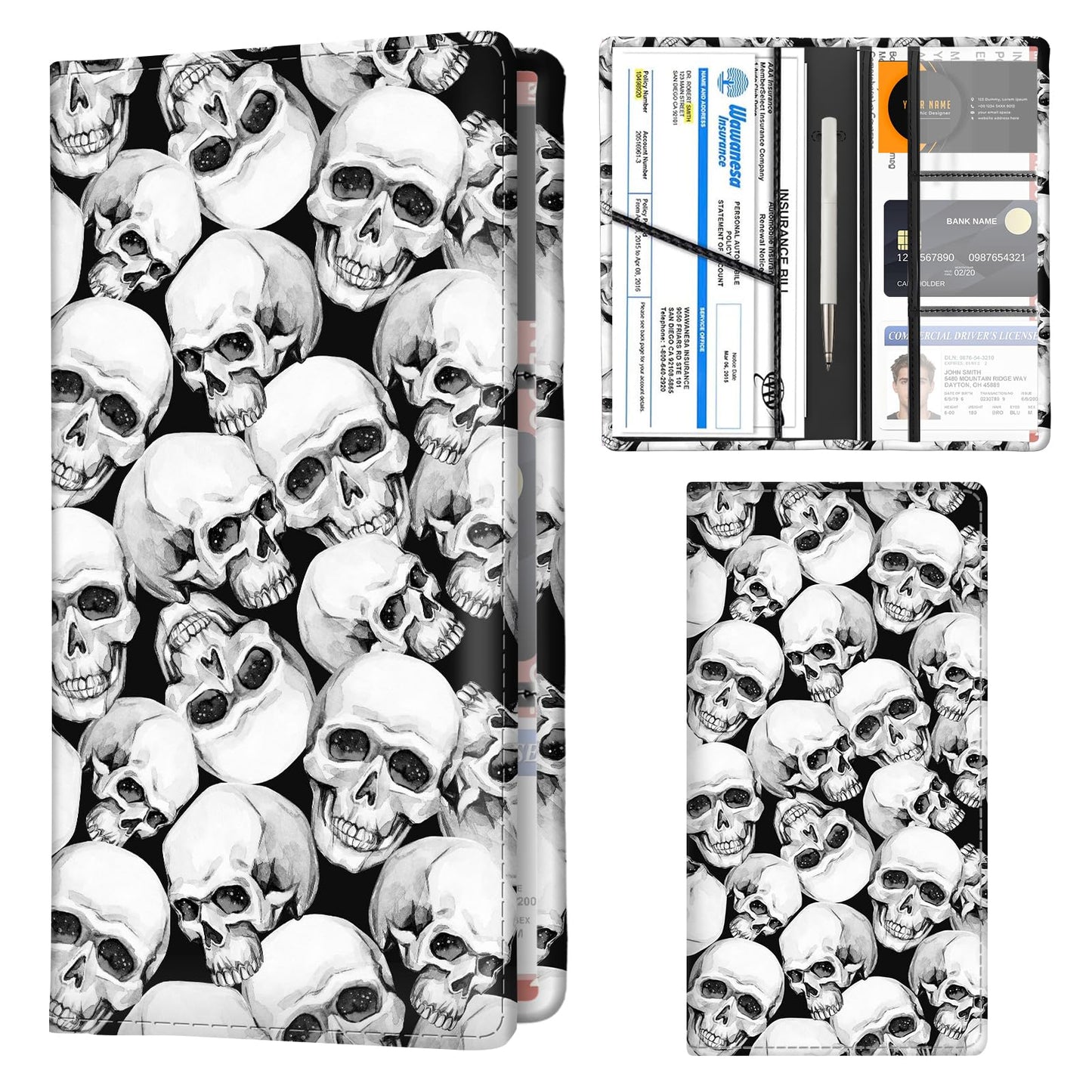 FGHFGO Car Registration and Insurance Holder with Magnetic Shut, Cute Vehicle Glove Box Car Organizer, Premium Interior Car Accessories for Women Men Luxury White Skulls