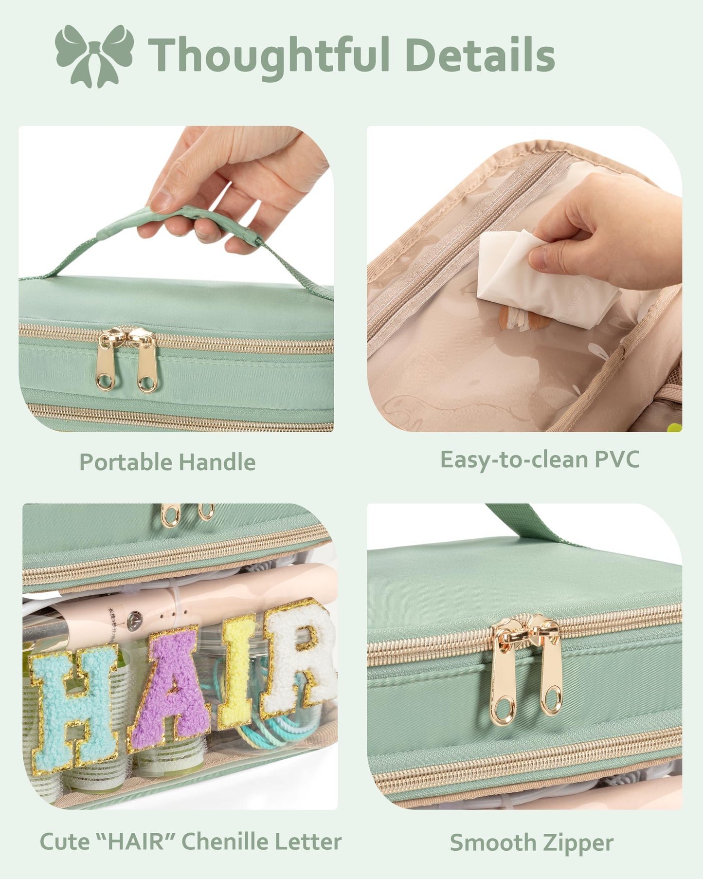 Fasrom Double Layer Hair Accessories Organizer, Preppy Patch Makeup Bag with HAIR Chenille Letter, Portable Travel Cosmetic Pouch Clear Toiletry Case for Women Girl, Green(Bag Only, Patent Design)