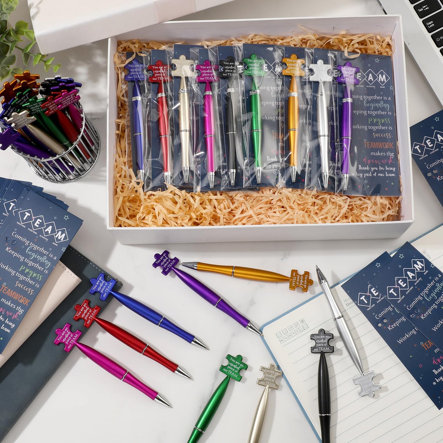 Sinload 30 Sets Team Appreciation Gifts Bulk Inspirational Puzzle Ballpoint Pens Motivational Cards Bookmark for Team Staff Office Coworker Employee Teamwork Gifts