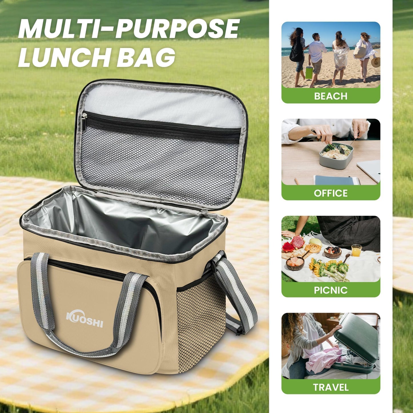 KUOSHI 25L Insulated Lunch Bag for Men/Women Leak-Proof Cooler Bag Liner & Soft Tote, Insulated Cooler Bag, Large Reusable Lunch Box for Work, Beach, Picnic, Fishing