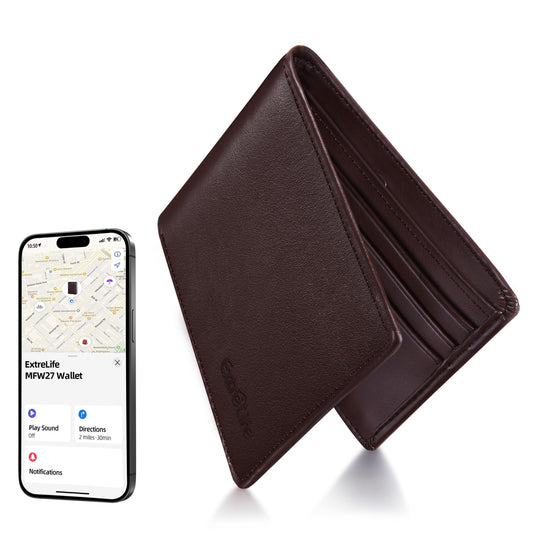 Wallet for Men, Built-in Bluetooth Tracker with Apple Find My (iOS Only), Air Tag Wallet, Leather RFID Blocking Bifold Mens Wallets with GPS Tracker, Rechargeable, Gift for Him, Brown