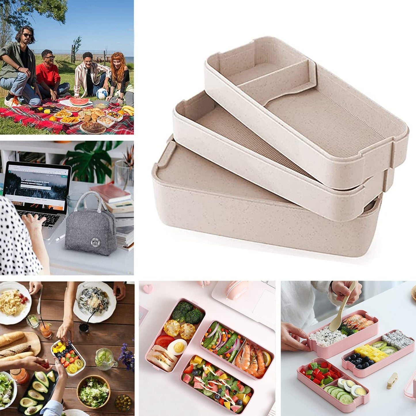 Rarapop 2 Pack Stackable Bento Box Japanese Lunch Box Kit with Spoon & Fork, 3-In-1 Compartment Wheat Straw Meal Prep Containers for Kids & Adults (Pink/Beige)