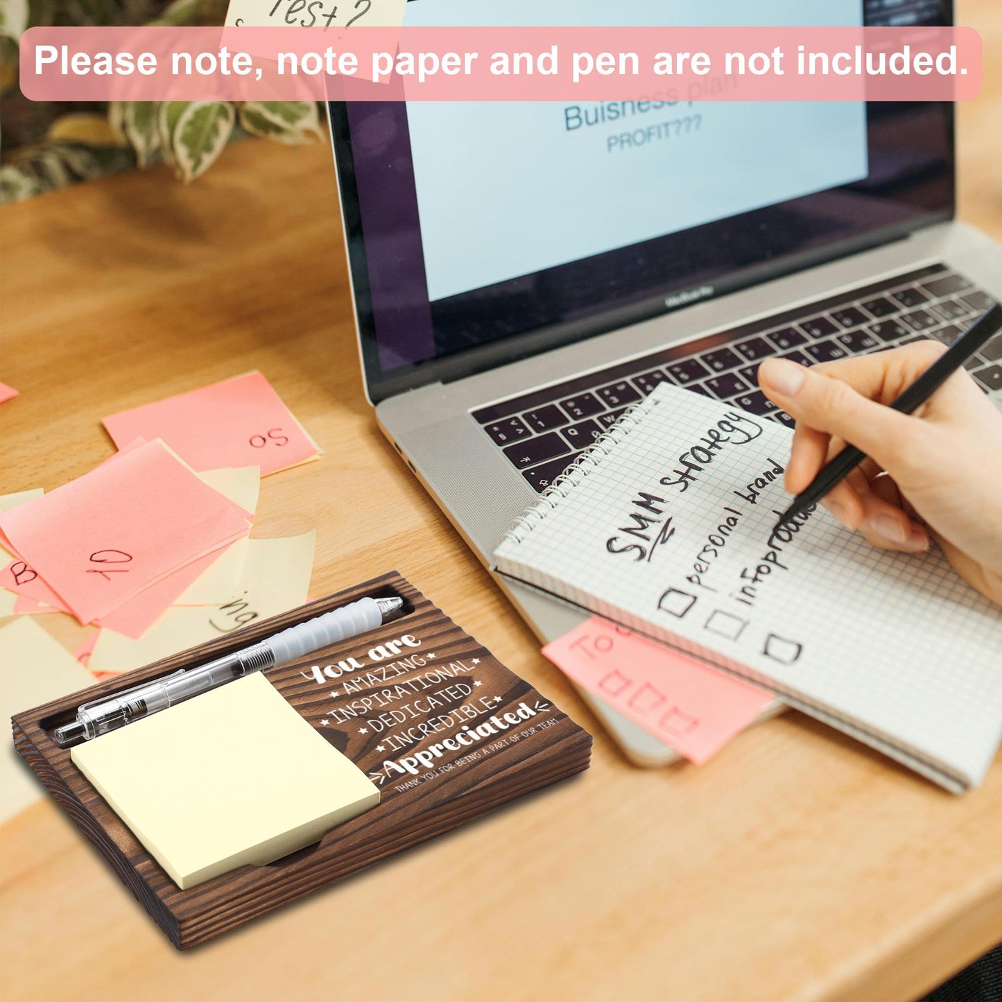 Employee Appreciation Gifts, Thank You Gifts, Inspirational Gifts, Sticky Note Holder, Post-it Note Dispenser for Desk, Wooden Post-it Note & Pen Holder 6.5" x 4.7" - FTA104