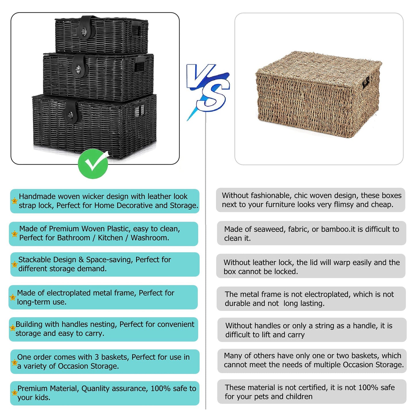 Homepeaz Set of 3 Woven Wicker Storage Basket Box with Lids & Lock, Built-in Carry Handles, Multifunctional Storage Organizer for Nursery, Baby, Clothes, Toys, Books, Large/Medium/Small Size (Black)
